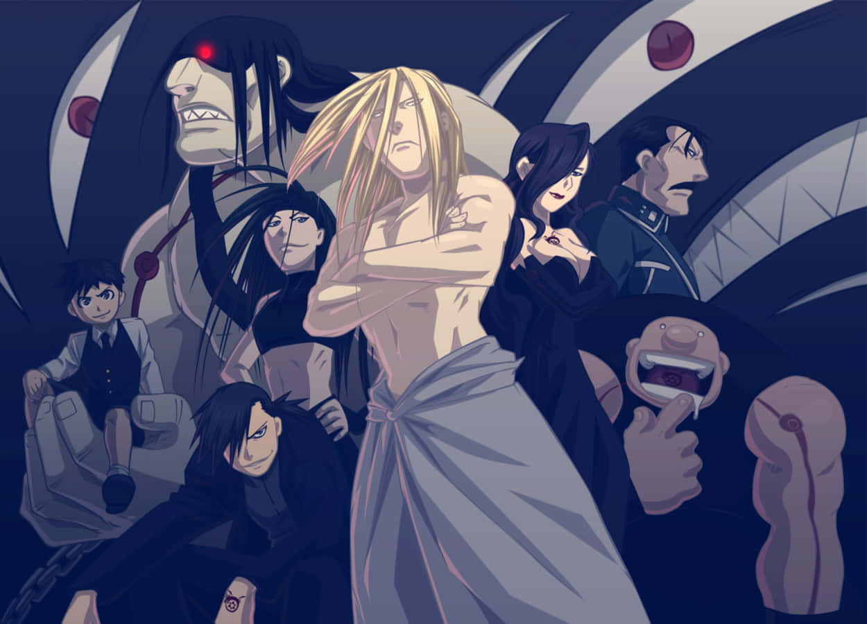 Fullmetal Alchemist Lust 桌布 壁紙 — 一張戲劇性的動畫群像，中央金髮角色被威脅性的角色包圍，背景為深藍色並帶有尖銳的白色幾何形狀。