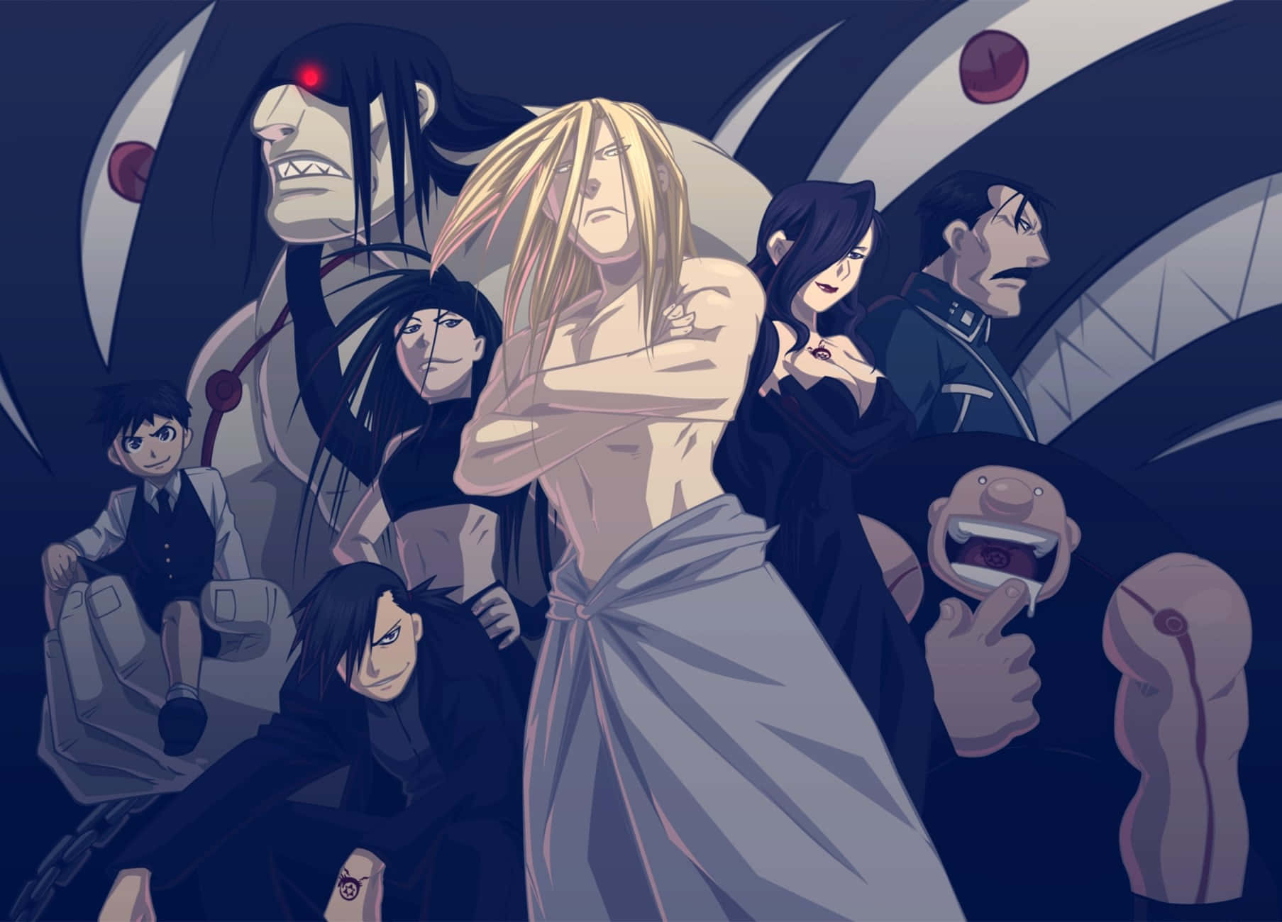 Fullmetal Alchemist Gluttony 桌布 壁紙 — 一張戲劇性的動畫群像，中央金髮角色被威脅性角色包圍，背景為深色抽象風格。