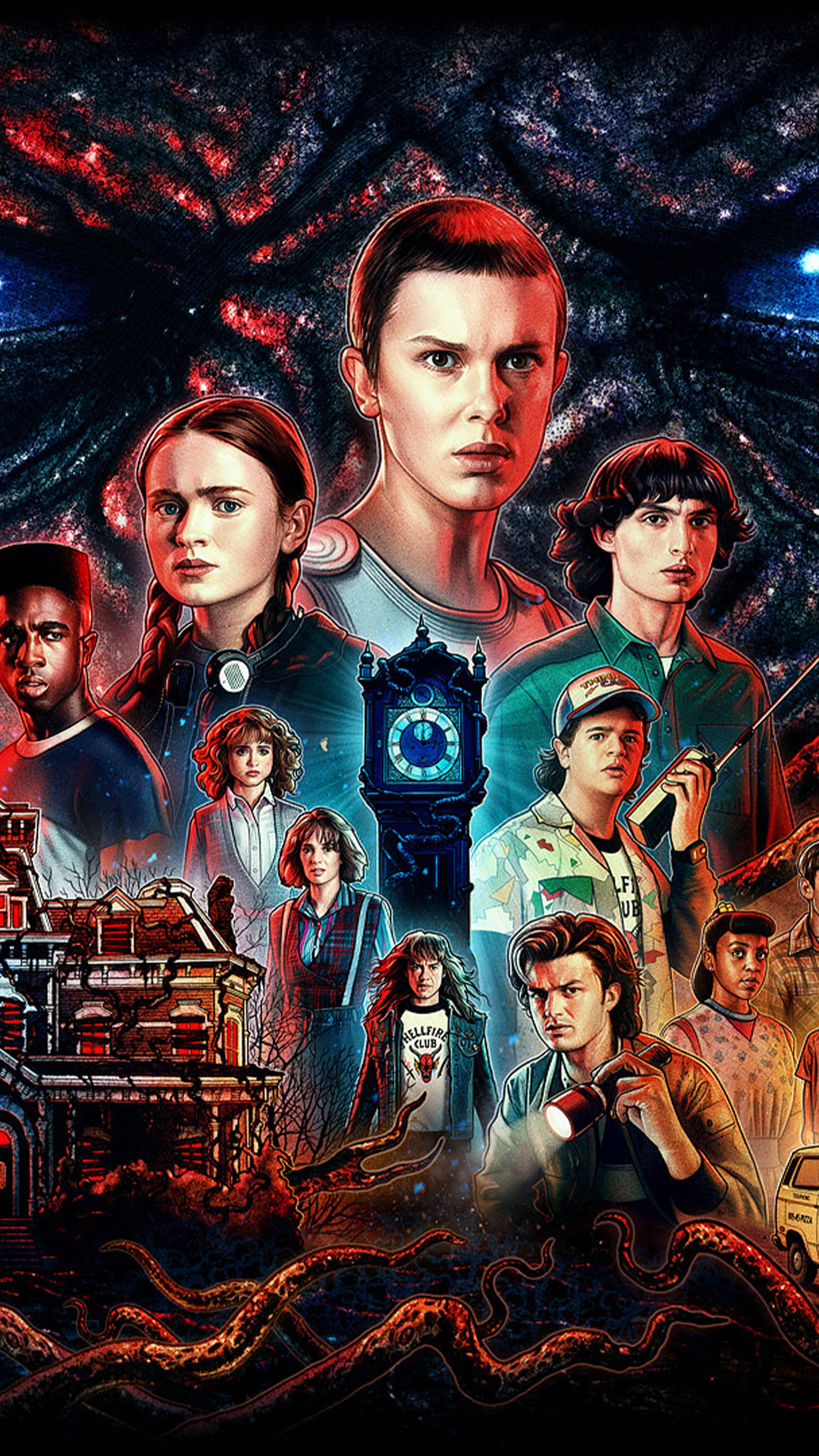 Netflix 桌布 壁紙 — 一張戲劇性的插圖海報，描繪《怪奇物語》的主要角色，背景是宇宙場景，帶有發光的紅色觸手和一座鐘樓。