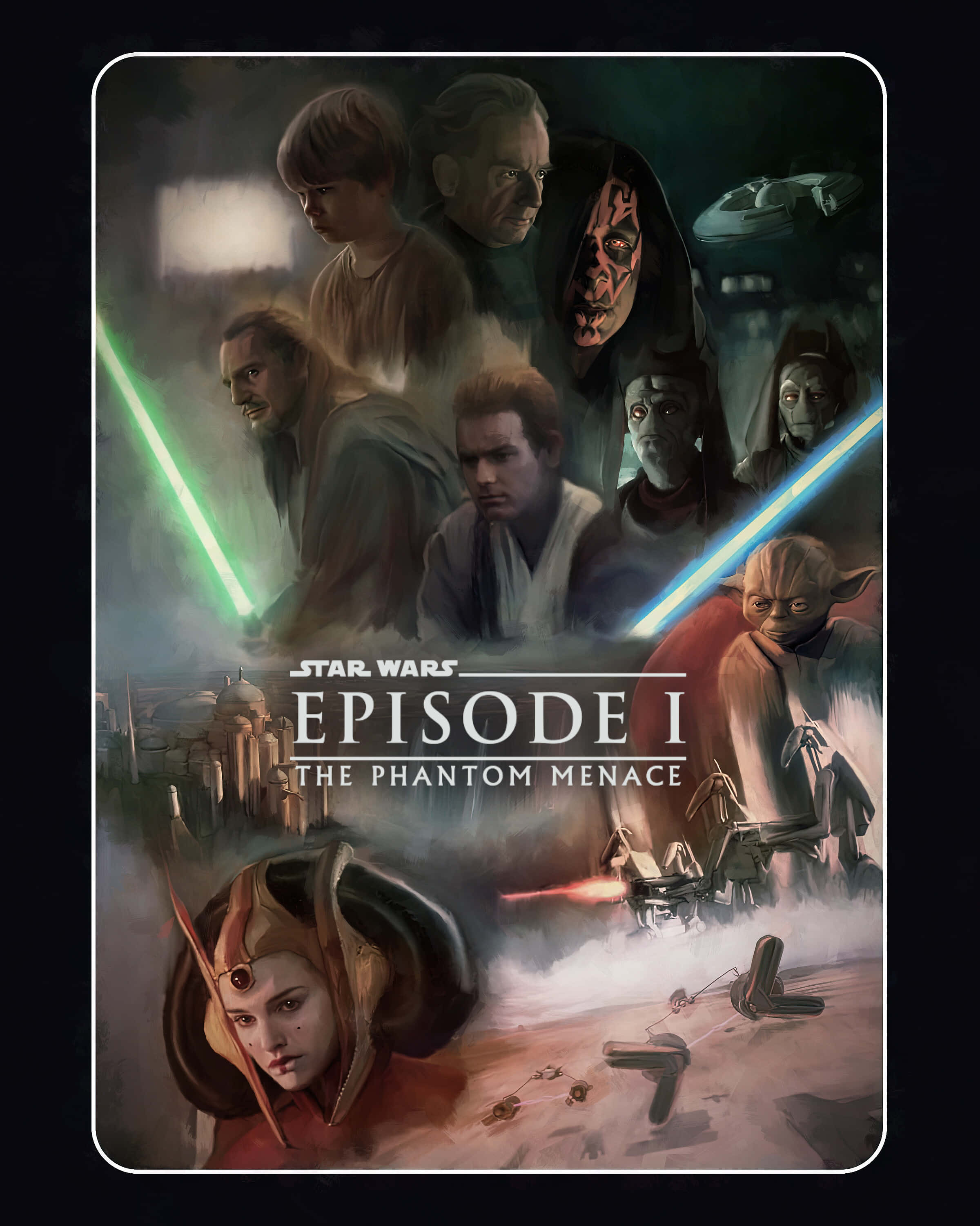 The Phantom Menace 桌布 壁紙 — 一張戲劇性的星際大戰海報， featuring 絕地武士、西斯和戰鬥場景，配有發光的光劍和沙漠星球背景。