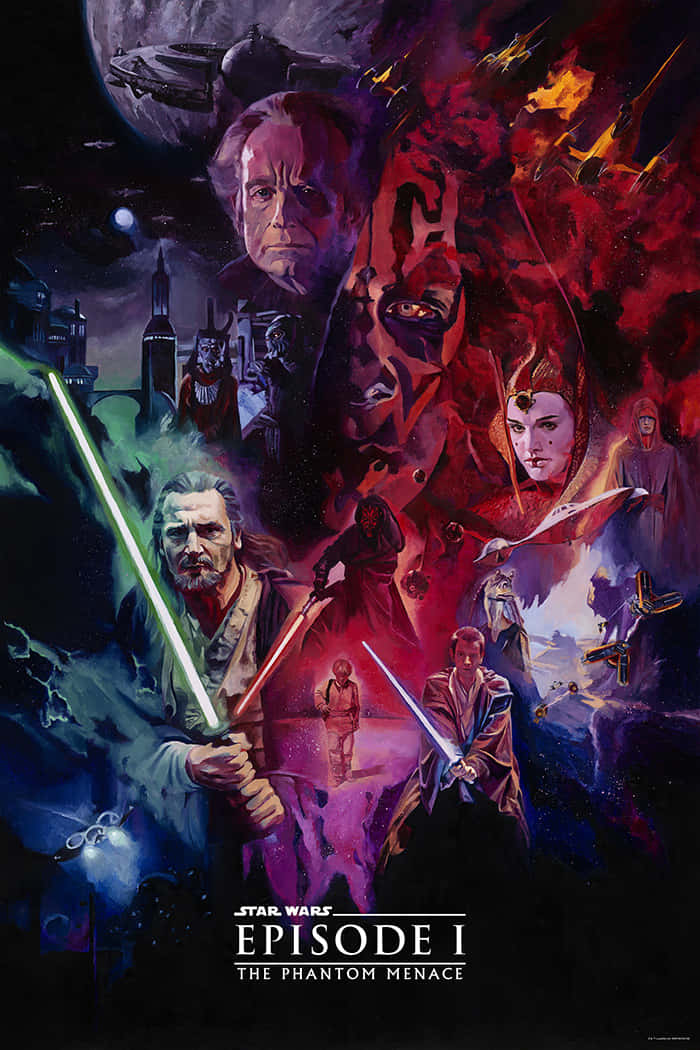 The Phantom Menace 桌布 壁紙 — 一張戲劇性的星際大戰海報，描繪絕地武士和西斯武士手持發光光劍，背景是宇宙，有飛船和一個大月亮。