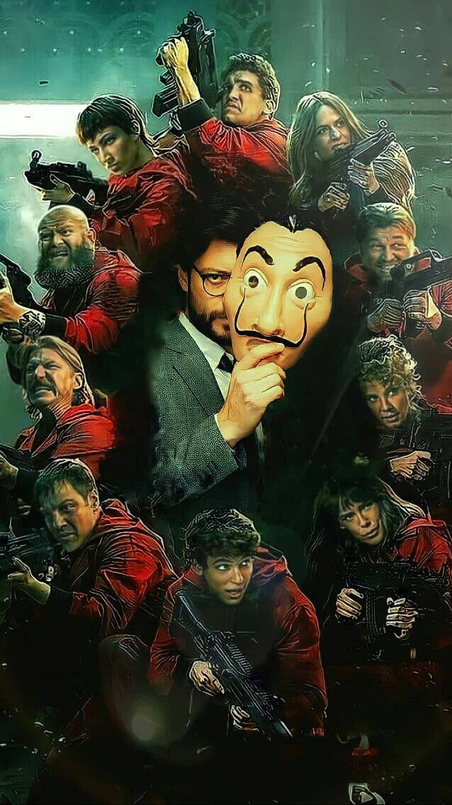 肖像 桌布 壁紙 — 一張戲劇性的海報，角色們穿著紅色連身衣，手持武器，圍繞著一個戴著達利面具的中心人物。