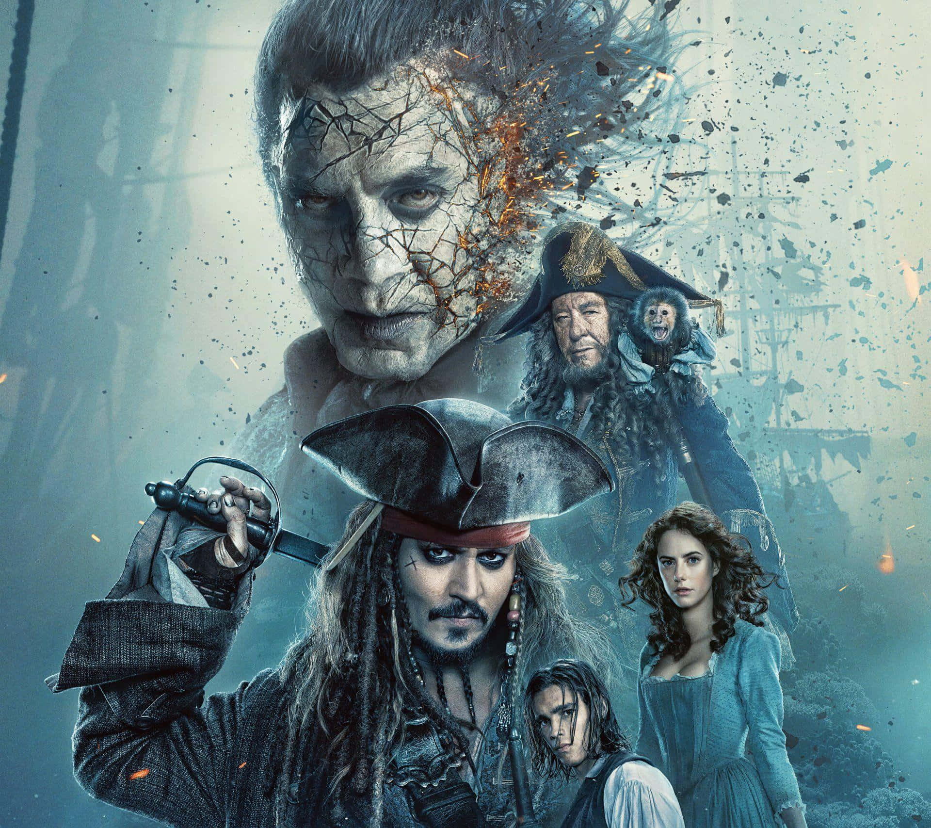 Pirates Of The Caribbean 桌布 壁紙 — 一張戲劇性的海盜電影海報， featuring Jack Sparrow 和船員，帶有裂面效果和火花，背景是船。