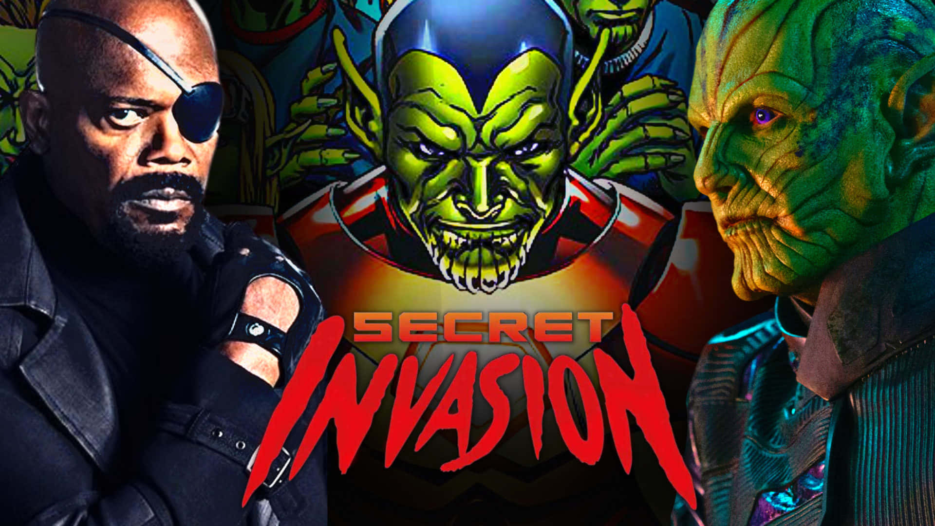 Secret Invasion 桌布 壁紙 — 一張戲劇性的漫畫風格海報，由森姆·L·積遜飾演尼克·福瑞，旁邊有威脅性的綠色皮膚外星入侵者，並帶有粗體紅色標題文字。