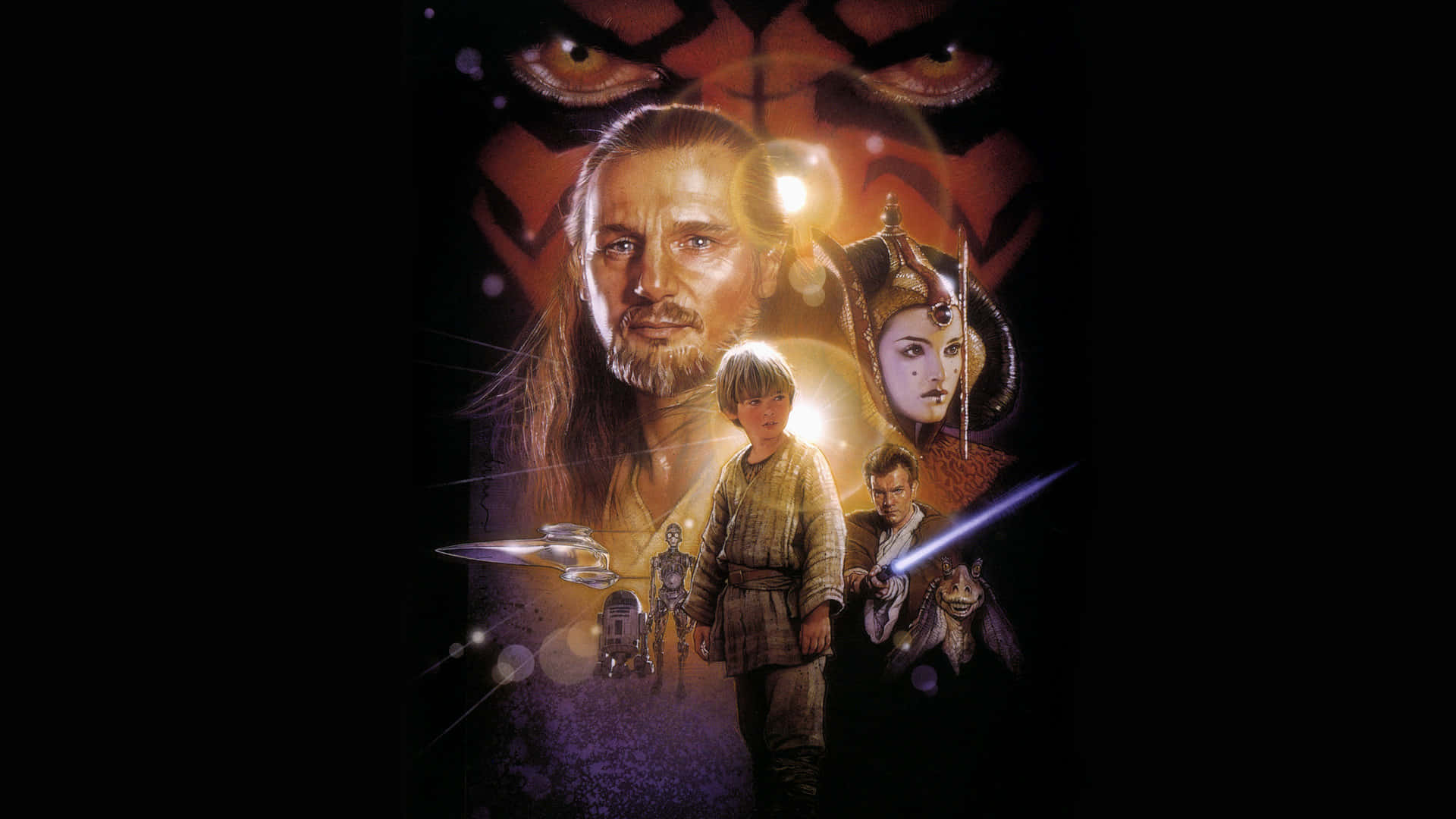 Qui-gon Jinn 桌布 壁紙 — 一張戲劇性的科幻海報，描繪了絕地大師魁剛·金、一個年輕男孩、一個手持光劍的女人，以及一個懸浮在上方、具有威脅性的虎臉。