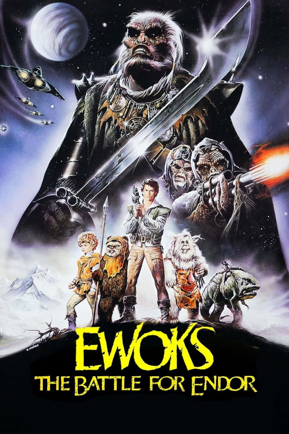 The Battle Of Endor 桌布 壁紙 — 一張戲劇性的科幻海報展示了一位高大的戰士，手持發光的劍，站在一群伊渥克人和盟友之上，背景是繁星點點的太空，有行星和飛船。
