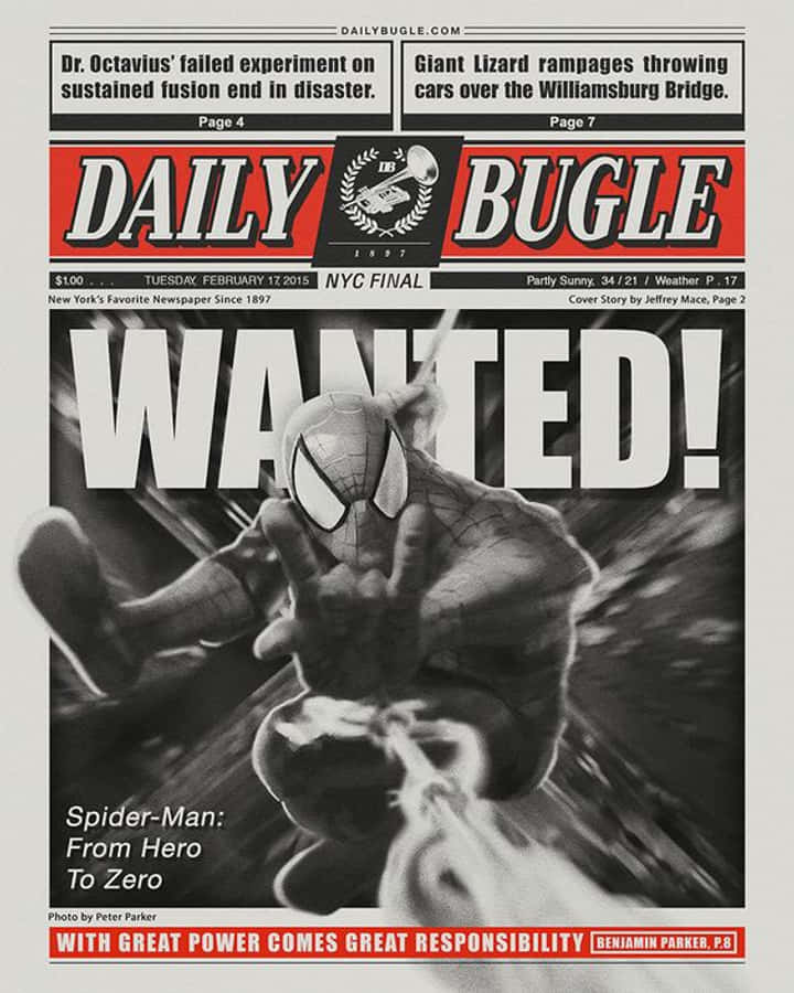 Daily Bugle 桌布 壁紙 — 一張戲劇性的黑白報紙頭版宣告「通緝！」蜘蛛俠以動態姿勢出現，標題關於他的墮落，以及「能力越大，責任越大」的標語。