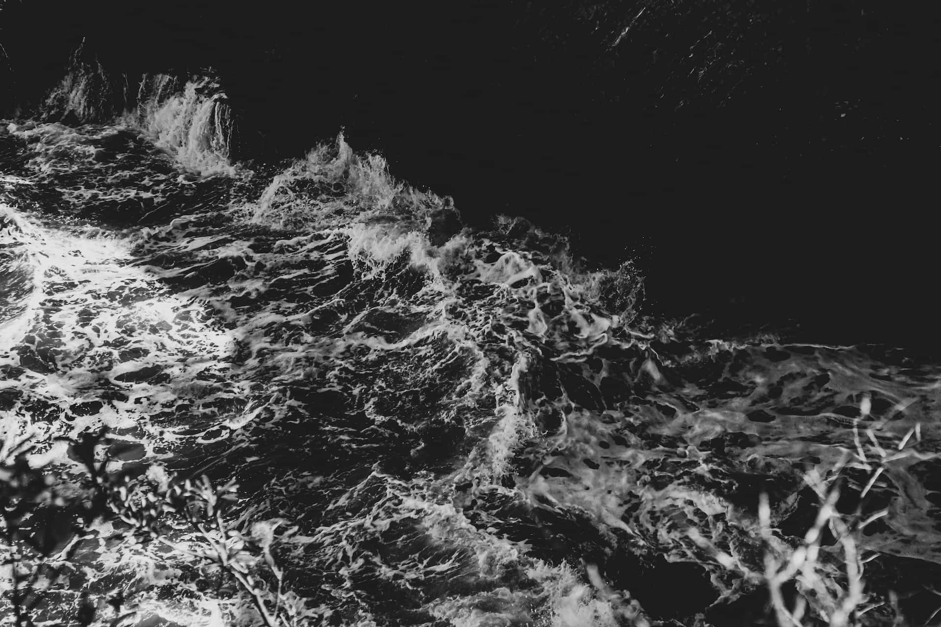 Black And White Ocean 桌布 壁紙 — 一張戲劇性的黑白照片，拍攝夜間海浪拍打，泡沫飛濺的浪頭映襯著黑暗的海水和剪影般的樹葉。
