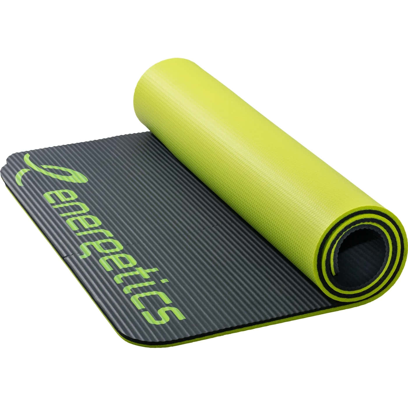 Gymnastics Mat 桌布 壁紙 — 一張捲起的亮麗青檸綠和黑色Energetics瑜伽墊，帶有紋理防滑表面，背景為純白色。
