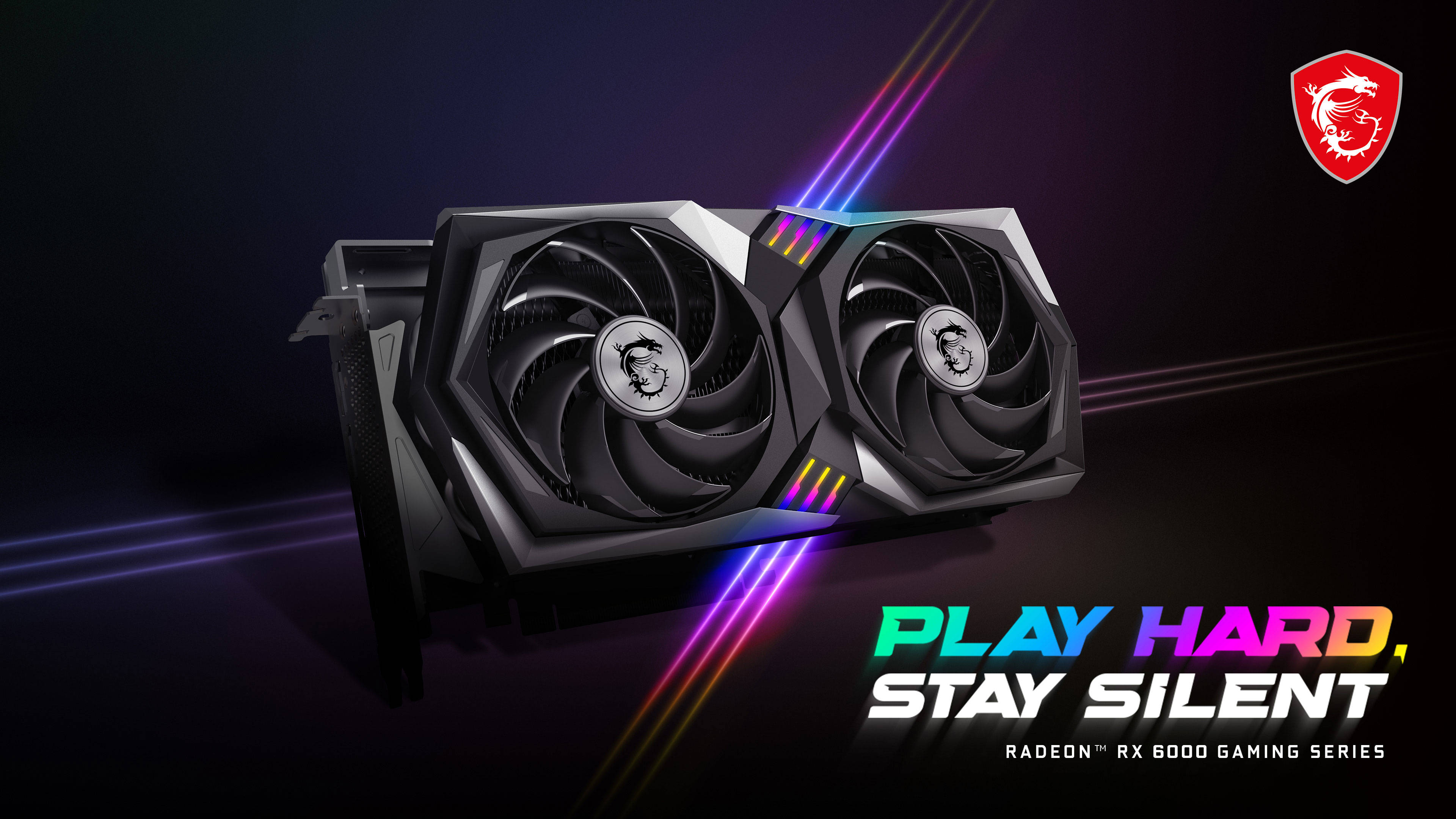 MSI 4K RX 6700 XT 壁紙 — 一張時尚的MSI Radeon RX 6000遊戲顯示卡，配備雙風扇和RGB燈光，背景為帶有霓虹條紋的深色背景。
