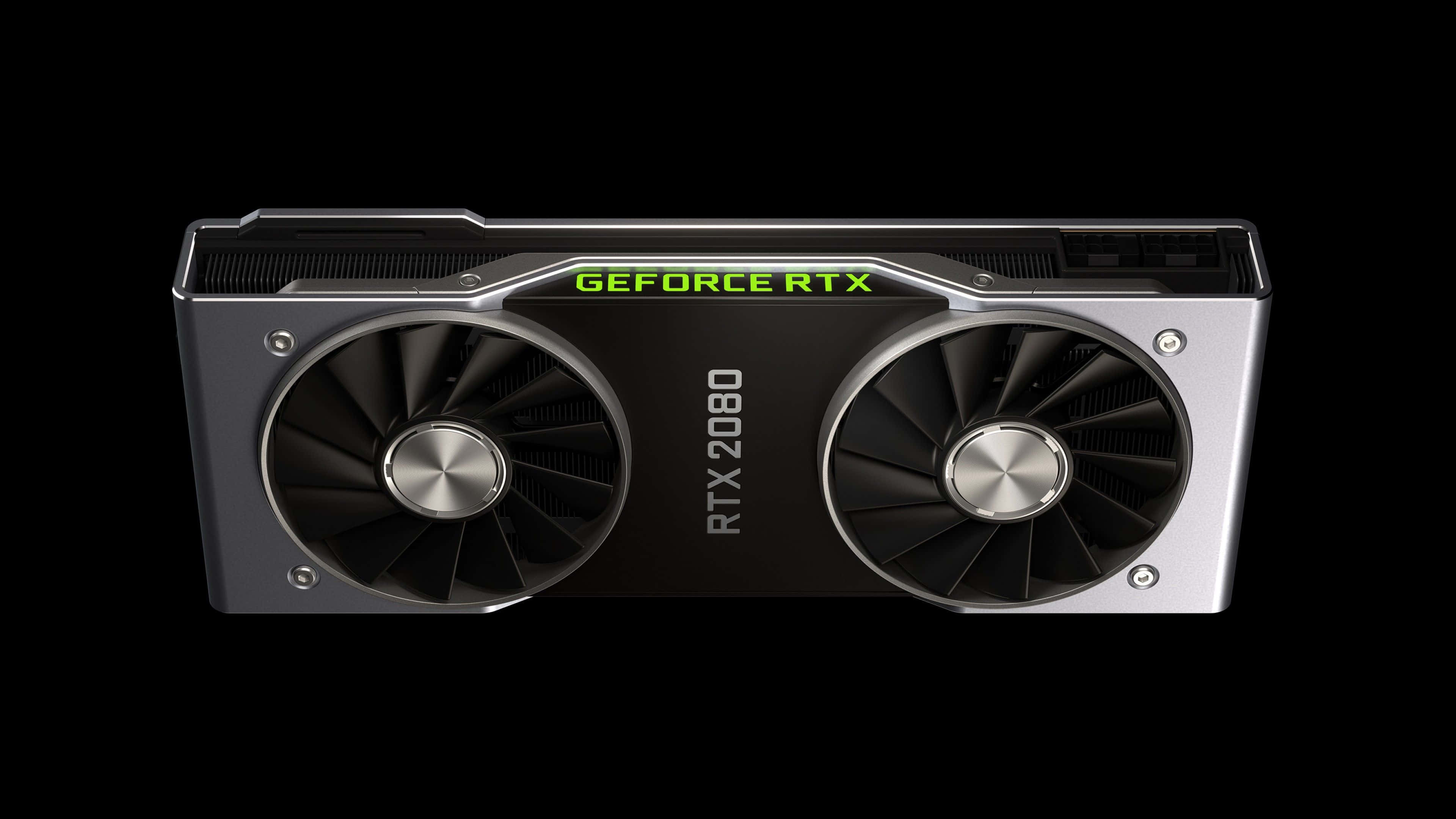 4K Graphics Cards 桌布 壁紙 — 一張時尚的NVIDIA GeForce RTX 2080顯示卡，配備雙風扇和發光綠色品牌標誌，背景為黑色。