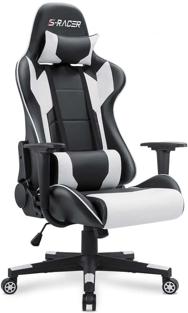 Gaming Chairs 桌布 壁紙 — 一張時尚的黑白 S-Racer 電競椅，配備人體工學設計和可調節扶手，置於潔淨的白色背景上。