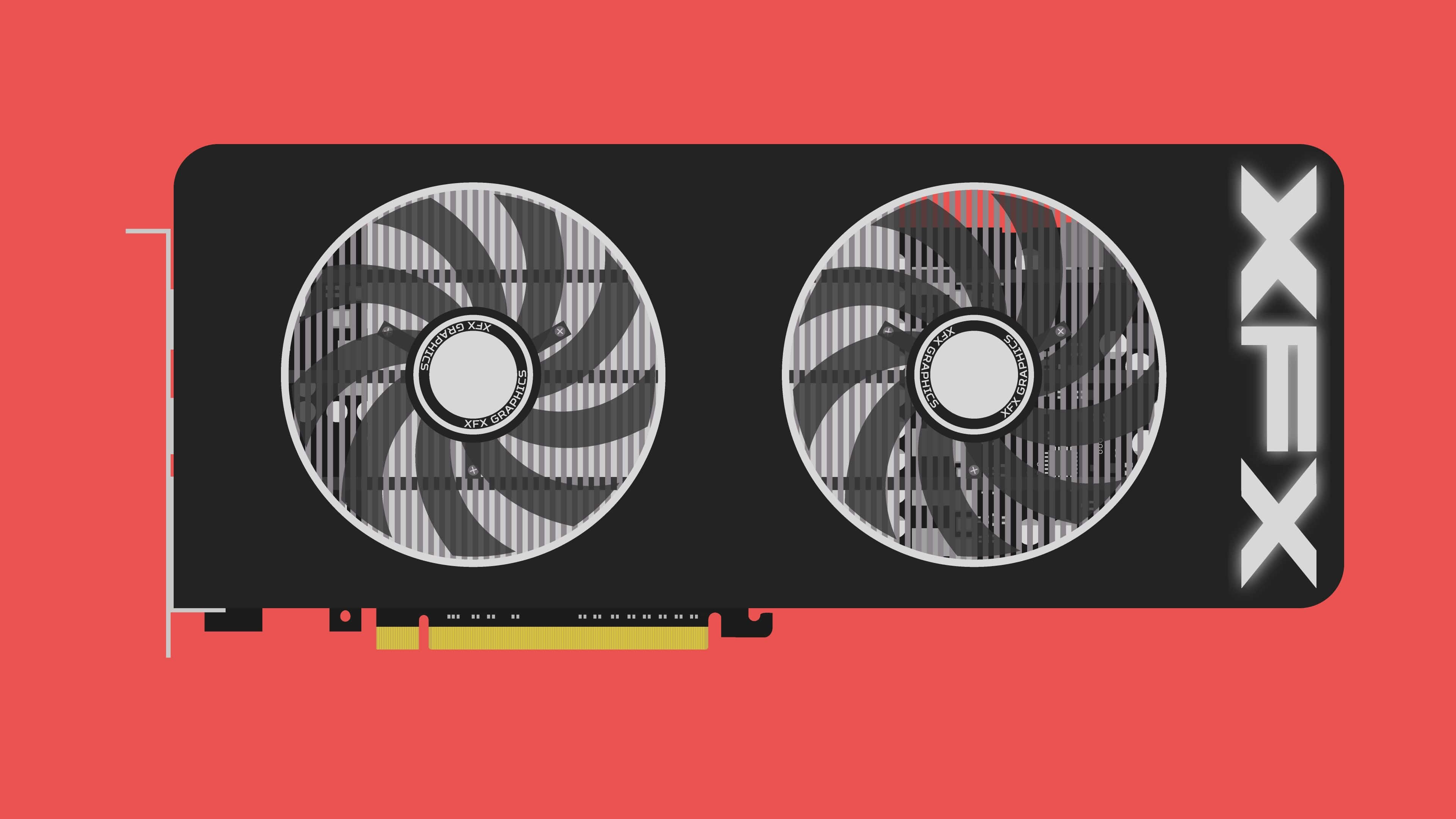 4K Graphics Cards 桌布 壁紙 — 一張時尚的黑色顯示卡，配備兩個大風扇和白色'XTX'品牌標誌，置於充滿活力的珊瑚色背景上。