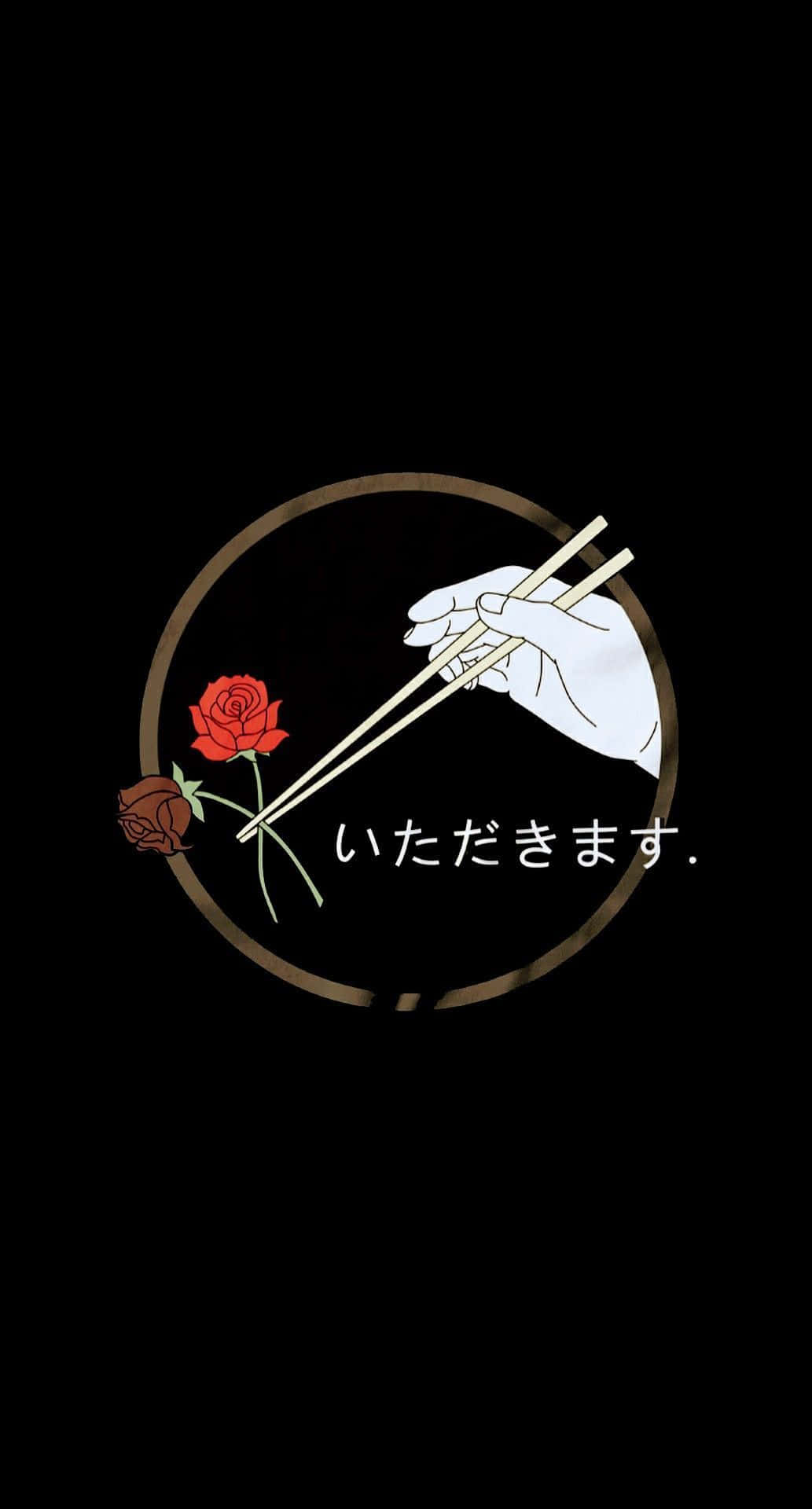 手拿著筷子放在紅色和棕色玫瑰上方，圓圈內有日文字。