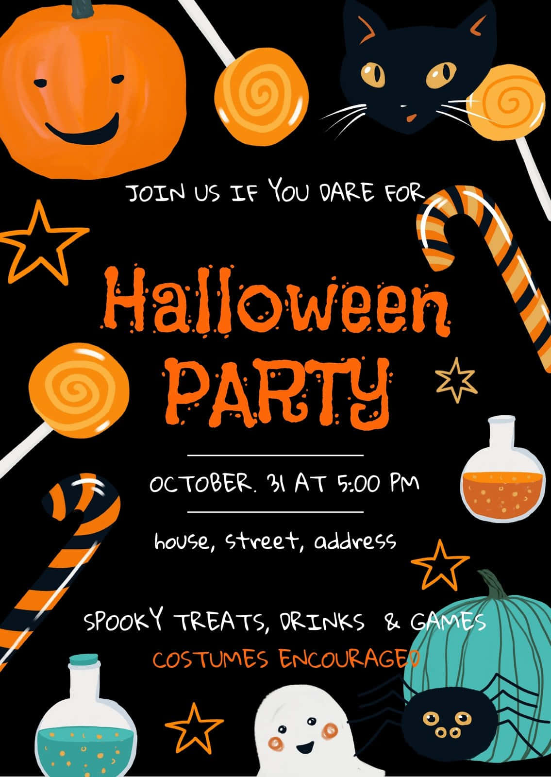 Halloween Invitations 桌布 壁紙 — 一張有趣的萬聖節派對海報，黑色背景上有微笑的南瓜、糖果玉米、黑貓和鬼魂。