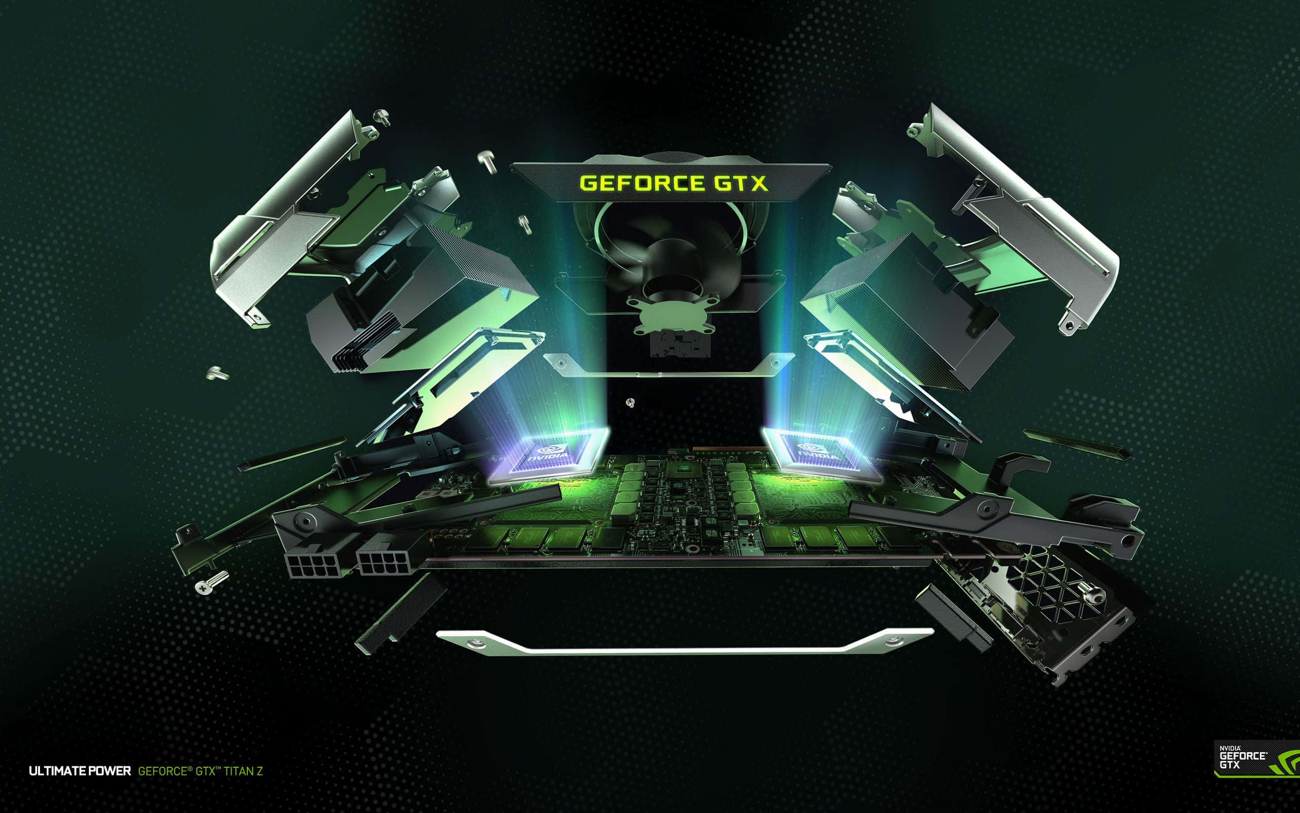4K Graphics Cards 桌布 壁紙 — 一張未來風格的GeForce GTX顯示卡分解圖，帶有發光的綠色電路和浮動組件，背景為深色紋理。