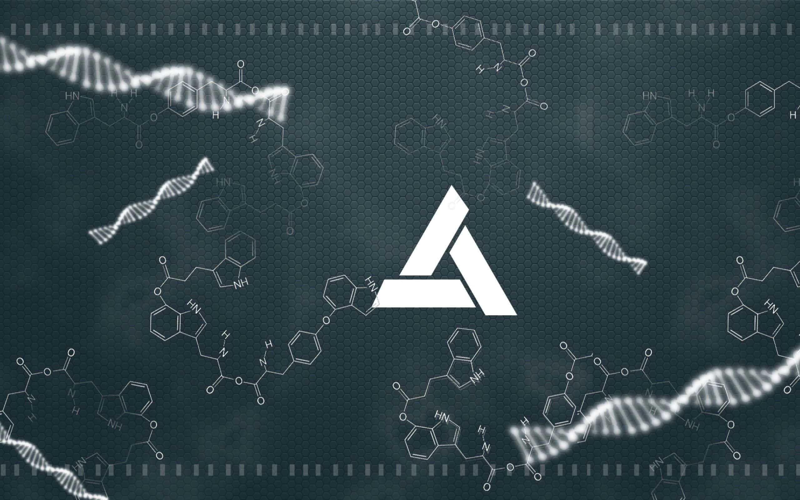 Abstergo 桌布 壁紙 — 一張未來風格的深青綠色牆紙，中央白色三角形標誌周圍環繞著發光的白色DNA鏈和化學公式。