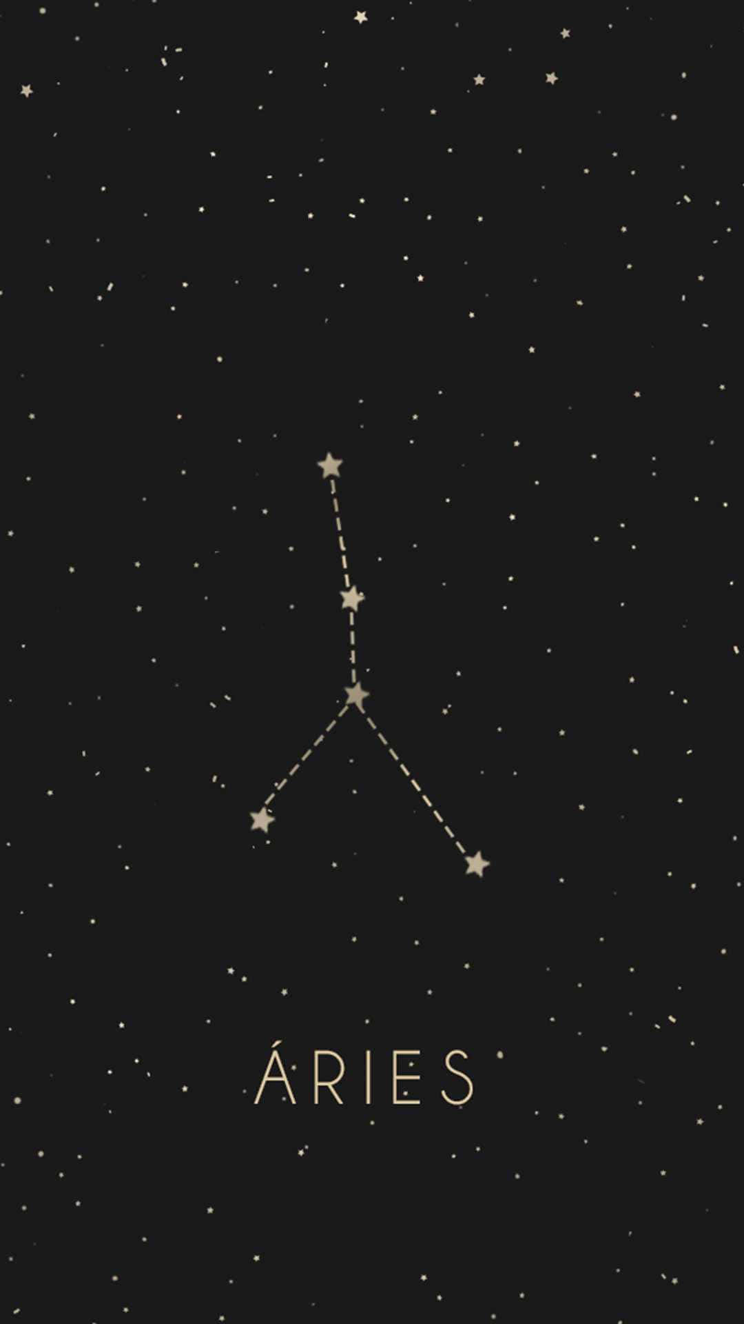 Constellations 桌布 壁紙 — 一張極簡風格的天體圖，在繁星點點的黑色夜空中以金色突出白羊座。