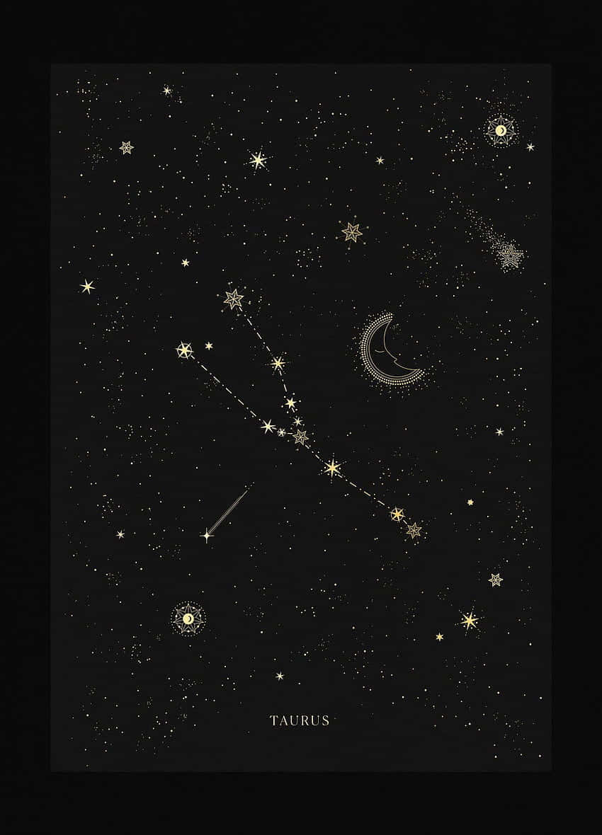 Constellations 桌布 壁紙 — 一張極簡風格的星圖，以金色星星和彎月突出金牛座，背景是深邃的黑色夜空。