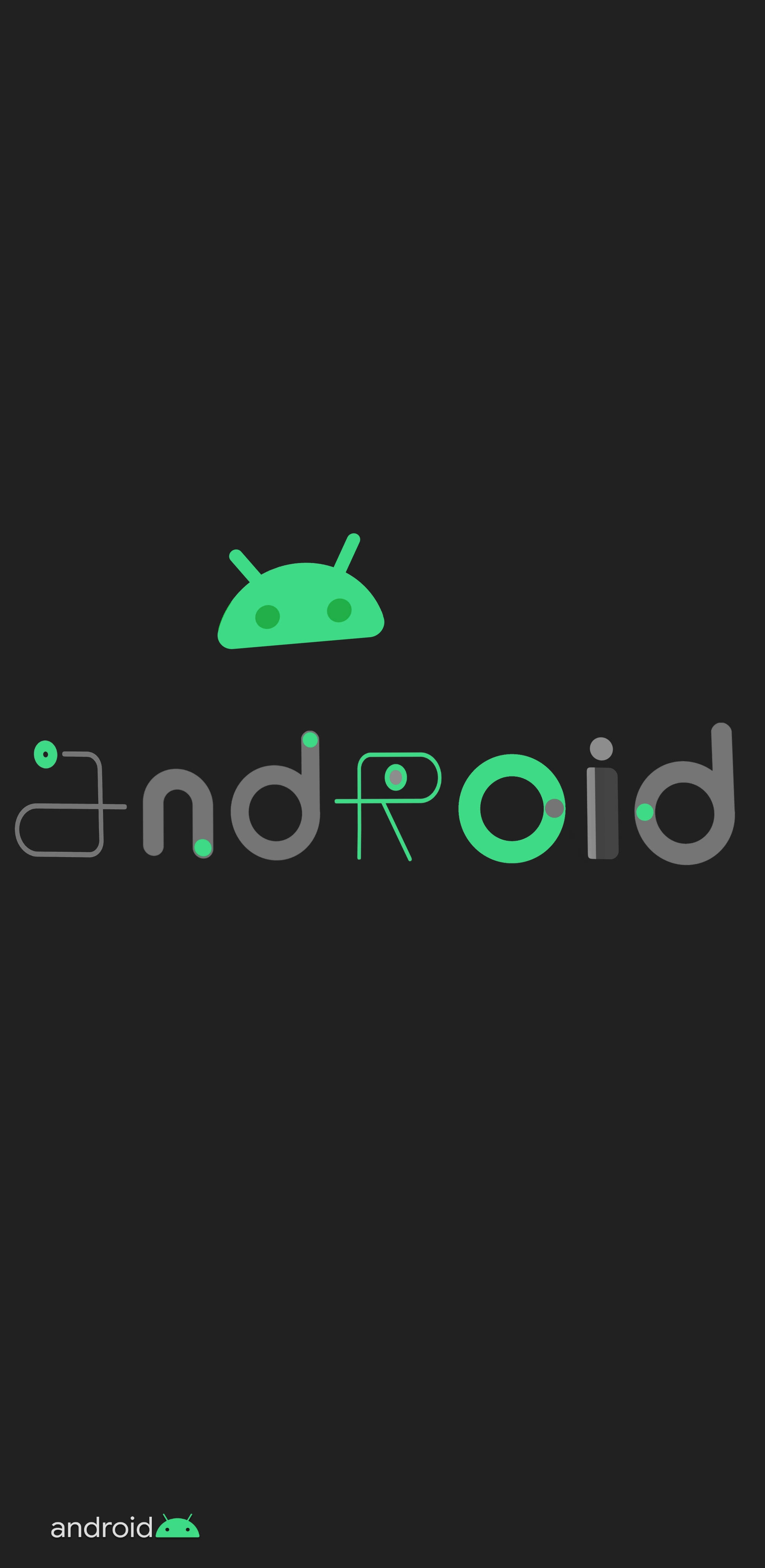 Black Android 桌布 壁紙 — 一張極簡風格的深色壁紙，綠色Android機械人標誌位於灰色和綠色字母組成的「android」字樣上方。