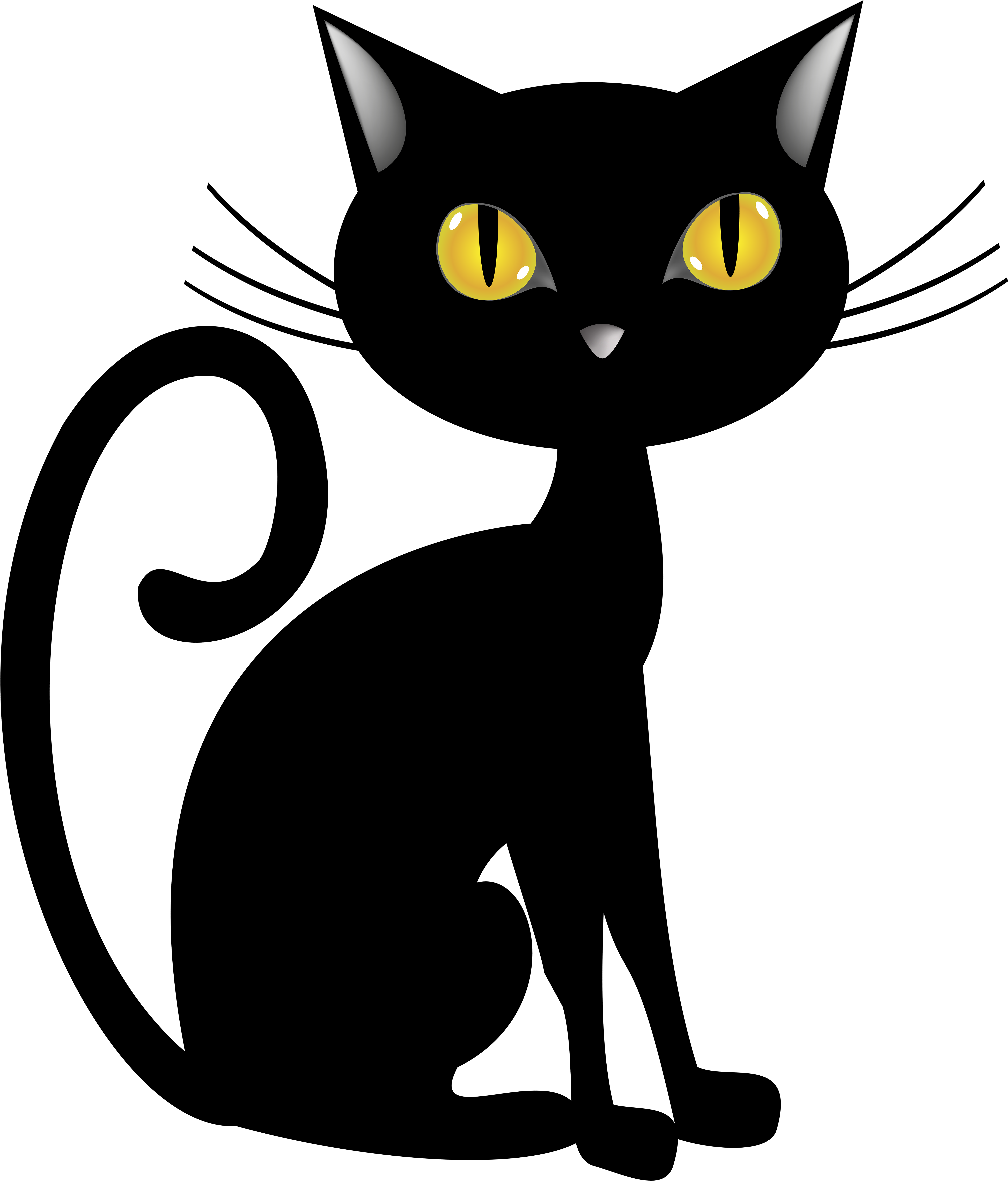 Halloween Black Cat Cartoon 壁紙 — 一張極簡風格的黑色貓臉，有著發光的黃色眼睛和尖耳朵，從純粹的黑暗中凝視著。