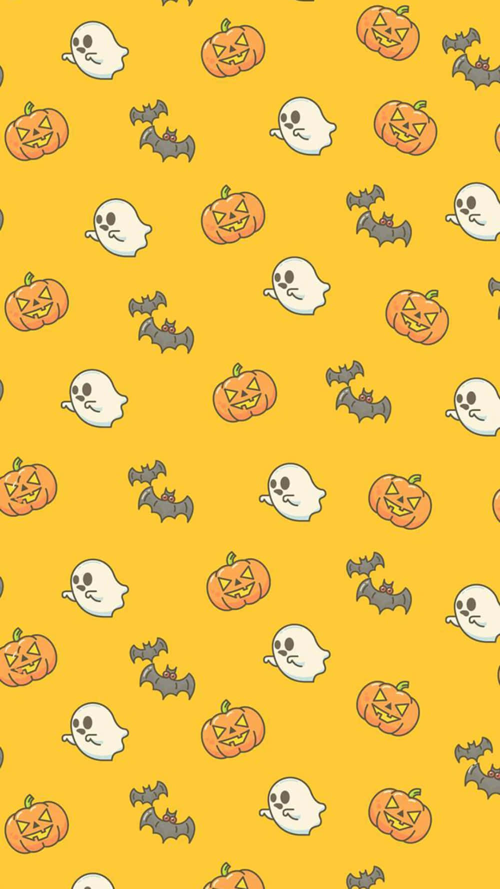Halloween Phone 桌布 壁紙 — 一張歡快的萬聖節壁紙，在明亮的黃色背景上重複出現卡通幽靈、南瓜和蝙蝠。