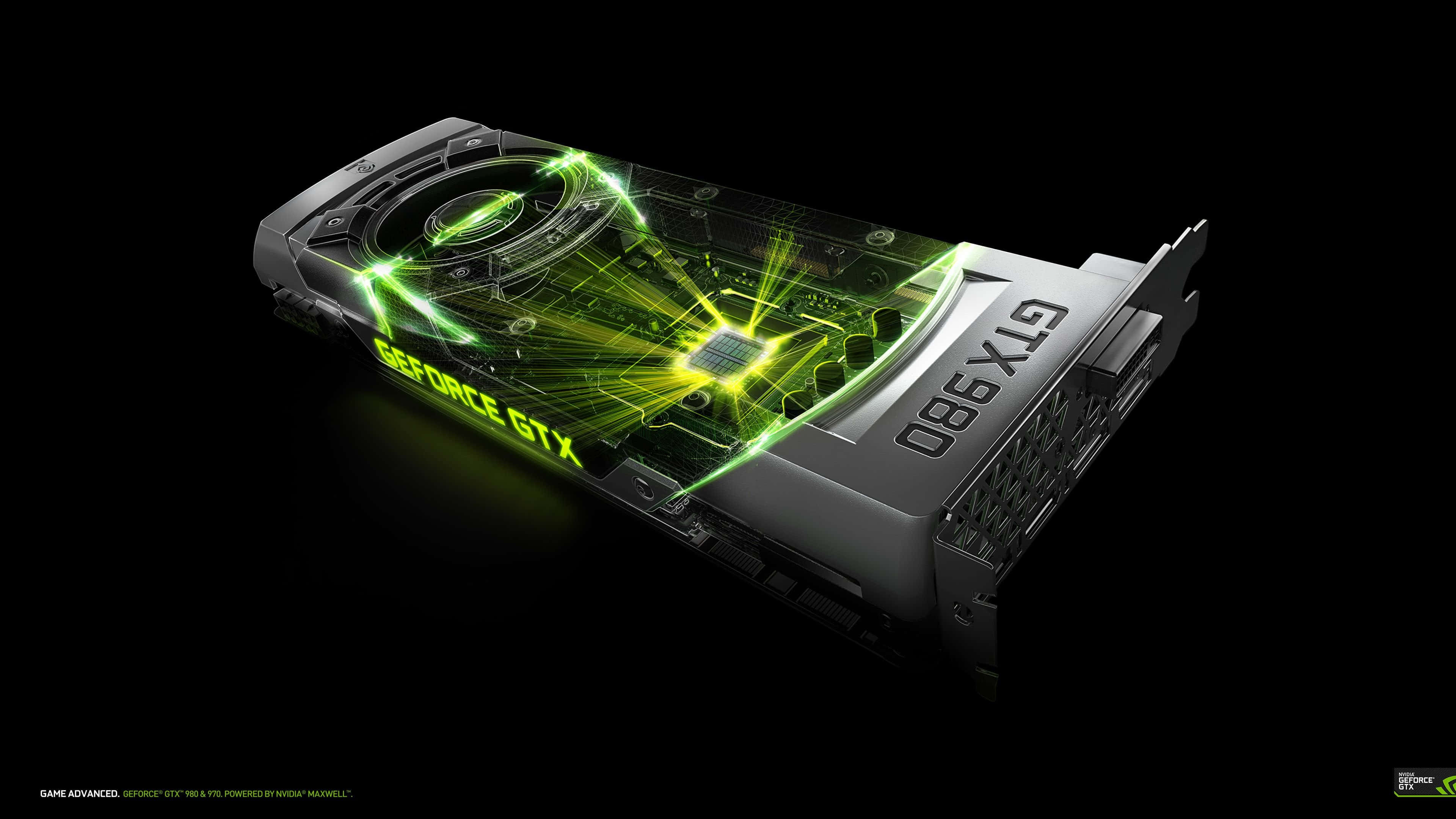 4K Graphics Cards 桌布 壁紙 — 一張流線型的 GeForce GTX 顯示卡在純黑背景上散發出充滿活力的綠色電路光芒。