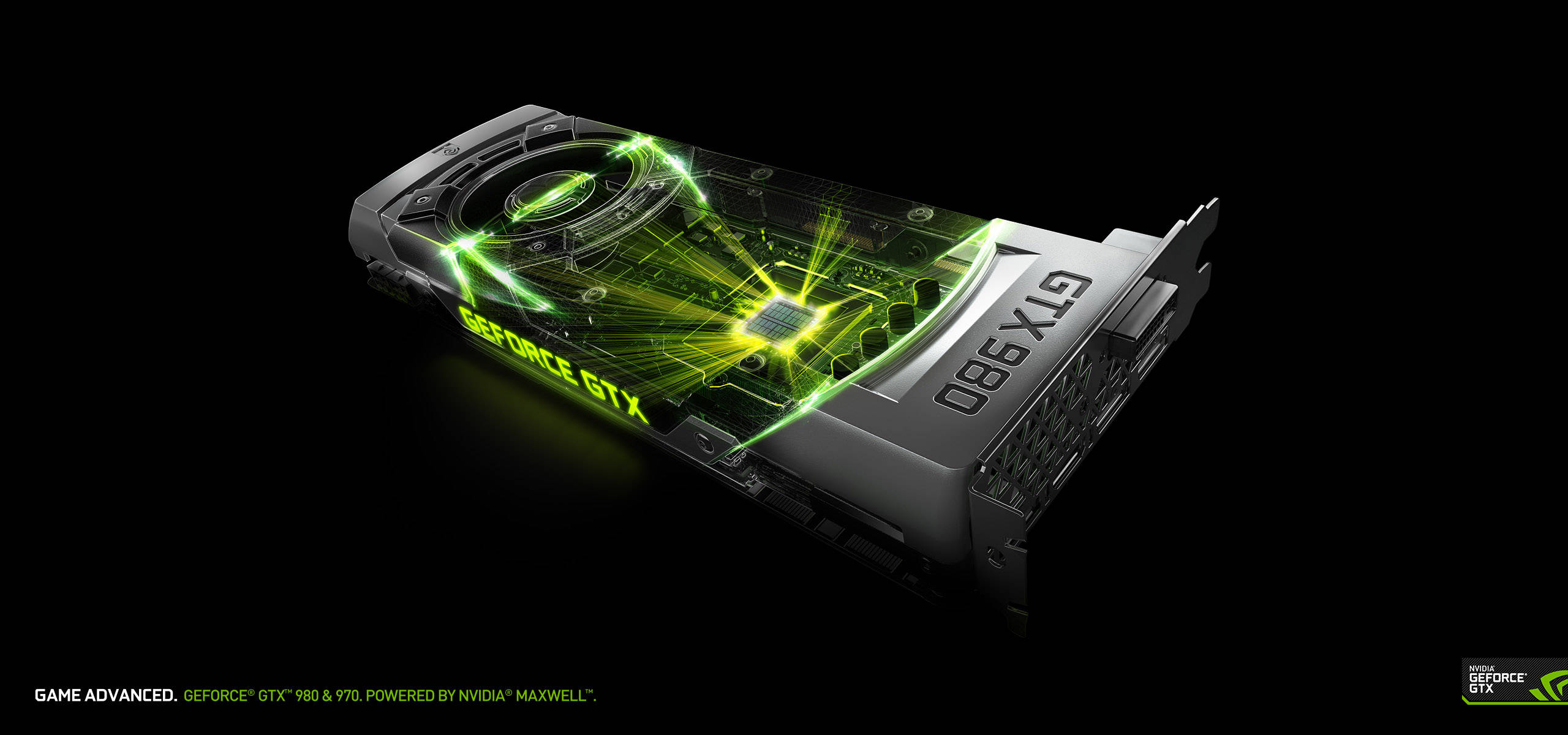 Nvidia GTX 980 壁紙 — 一張流線型的NVIDIA GeForce GTX 980顯示卡在黑色背景下發出鮮豔的綠色電路光芒。
