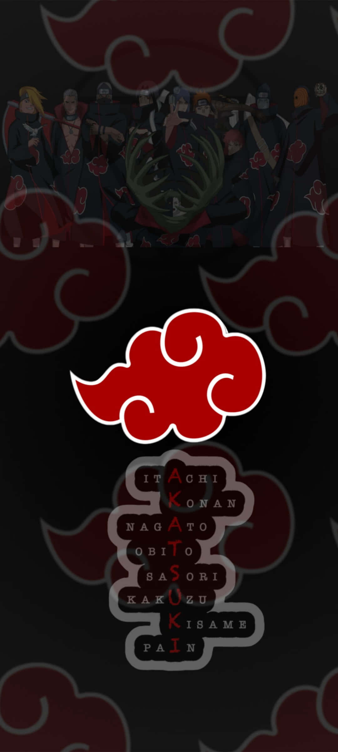 Akatsuki Poster 桌布 壁紙 — 一張深色桌布，上面有紅色曉組織雲朵標誌，下方垂直列出成員名字。