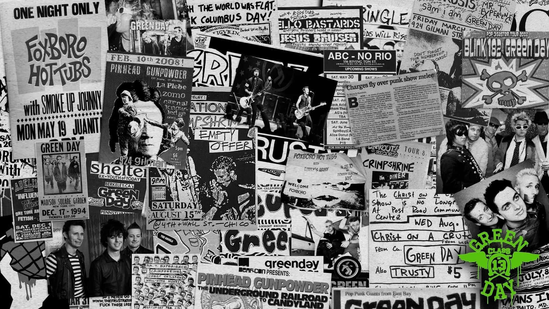 punk 桌布 壁紙 — 一張混亂的黑白拼貼畫，展示復古龐克搖滾演唱會海報，包括Green Day和Pinhead Gunpowder等樂隊。