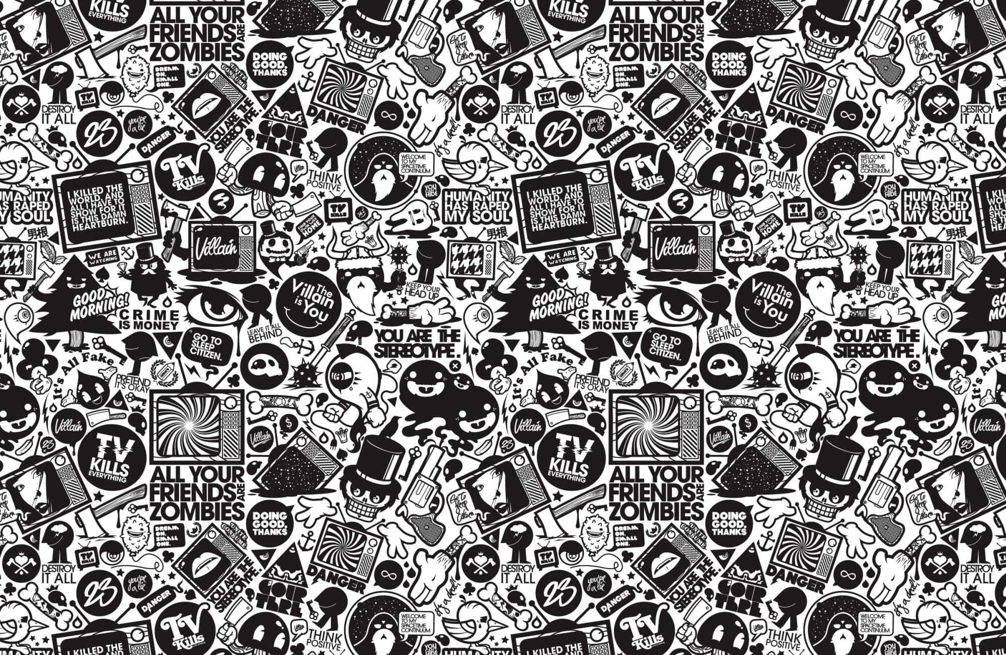 Vintage Cartoon Aesthetic 桌布 壁紙 — 一張混亂的黑白牆紙，充滿重複的喪屍主題貼紙和塗鴉風格文字。