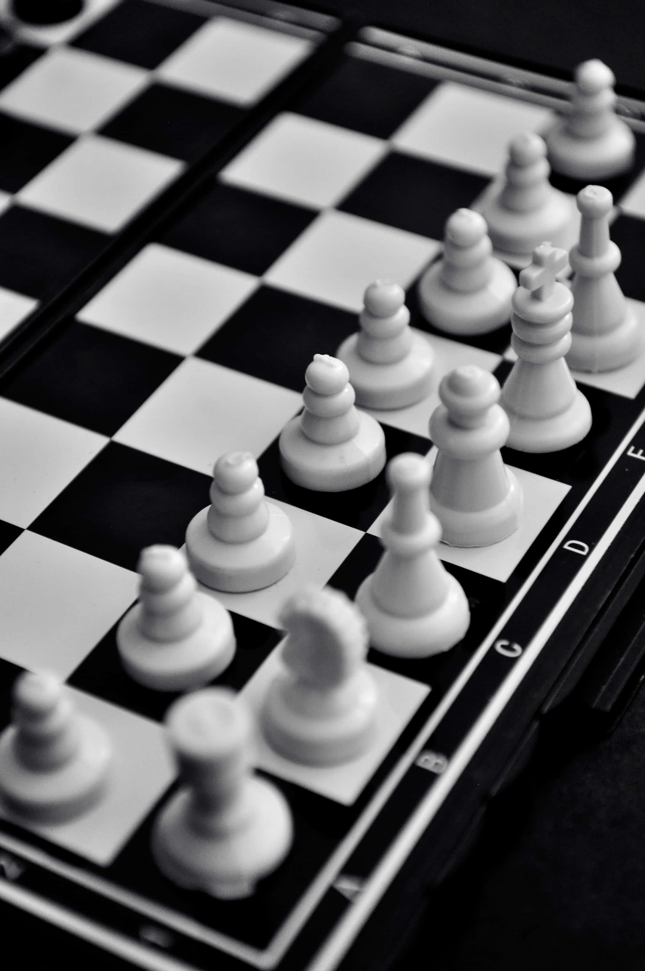 Black And White Chess 桌布 壁紙 — 一張淺景深棋盤上國際象棋棋子的黑白特寫照片。