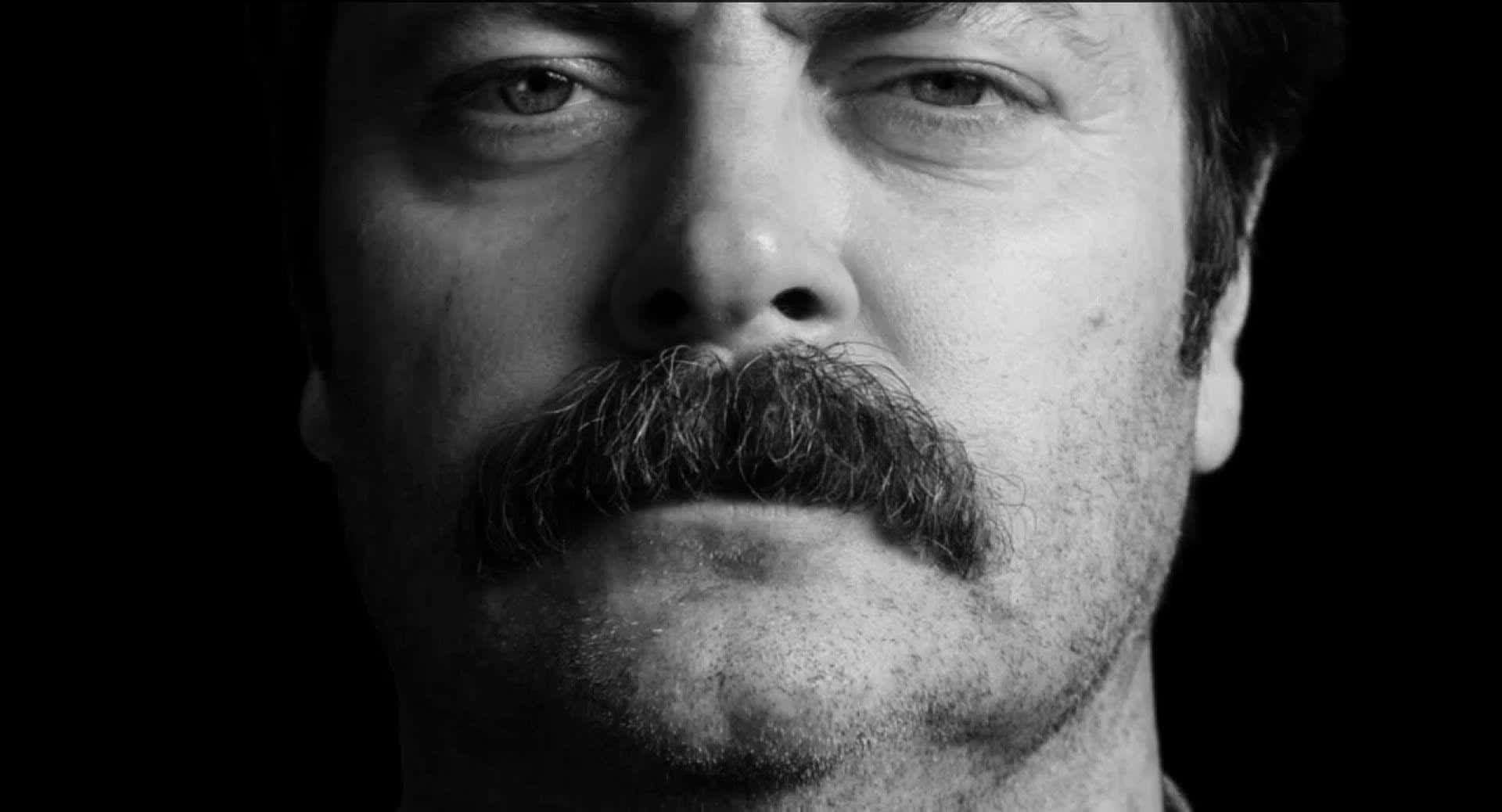 nick offerman 桌布 壁紙 — 一張清晰的黑白特寫肖像，拍攝對象是一位留著濃密鬍子的男性，背景為深色。