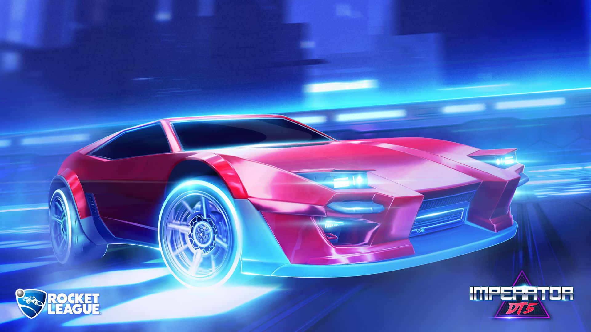 一張激烈的 Rocket League 遊戲照片 壁紙 — 一輛發光的紅色未來主義跑車，帶著動態模糊和電光藍色條紋，在霓虹燈照亮的城市夜晚中疾馳。