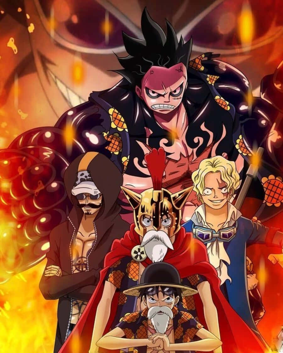 Dressrosa 桌布 壁紙 — 一張火熱的動漫海報，展示一群意志堅定的海盜，表情強烈，姿勢動感，背景是熾熱的橙色。