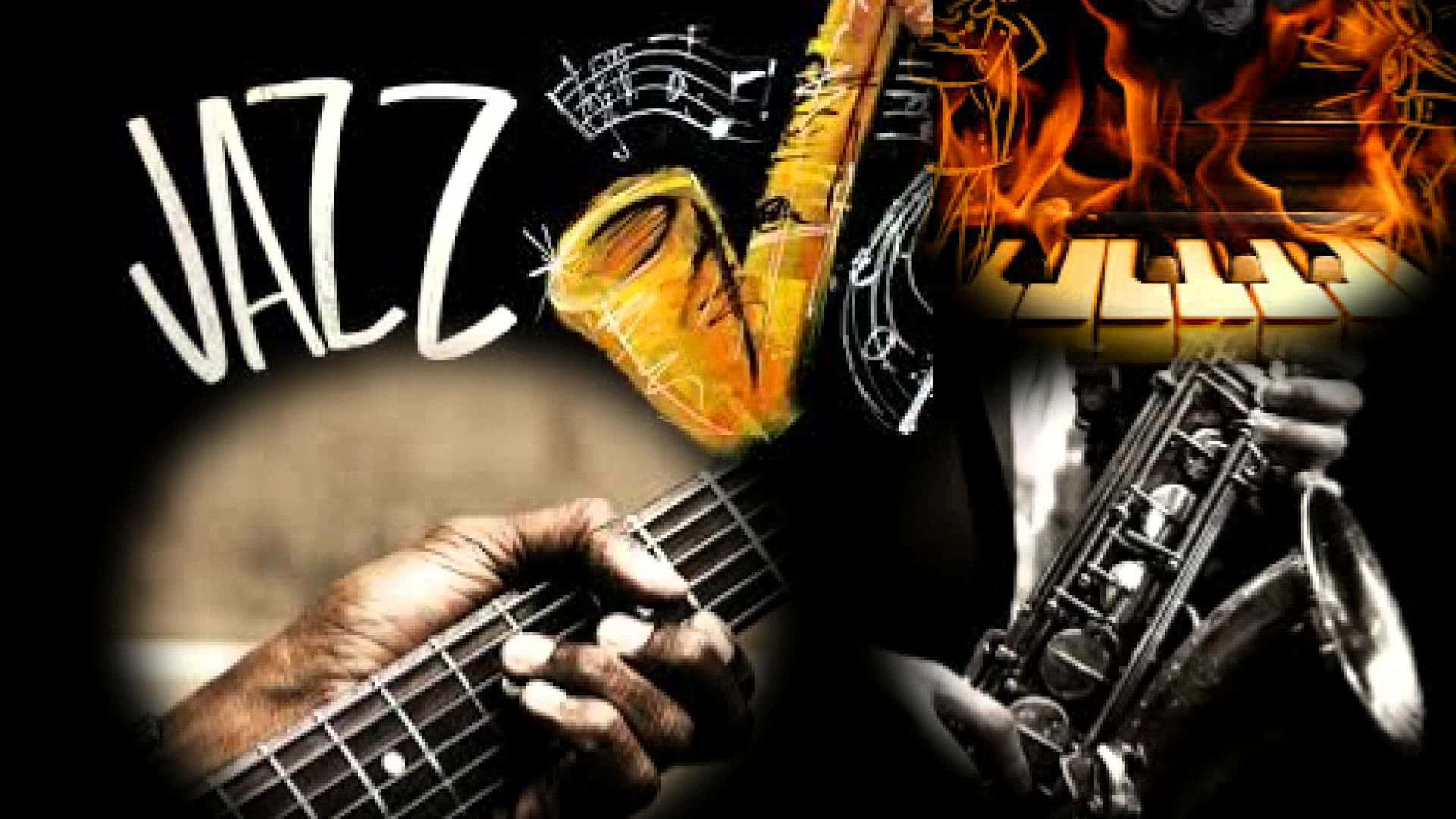 Jazz 桌布 壁紙 — 一張火熱的爵士拼貼畫，包含手在結他、色士風、鋼琴鍵和音符，背景為深色。