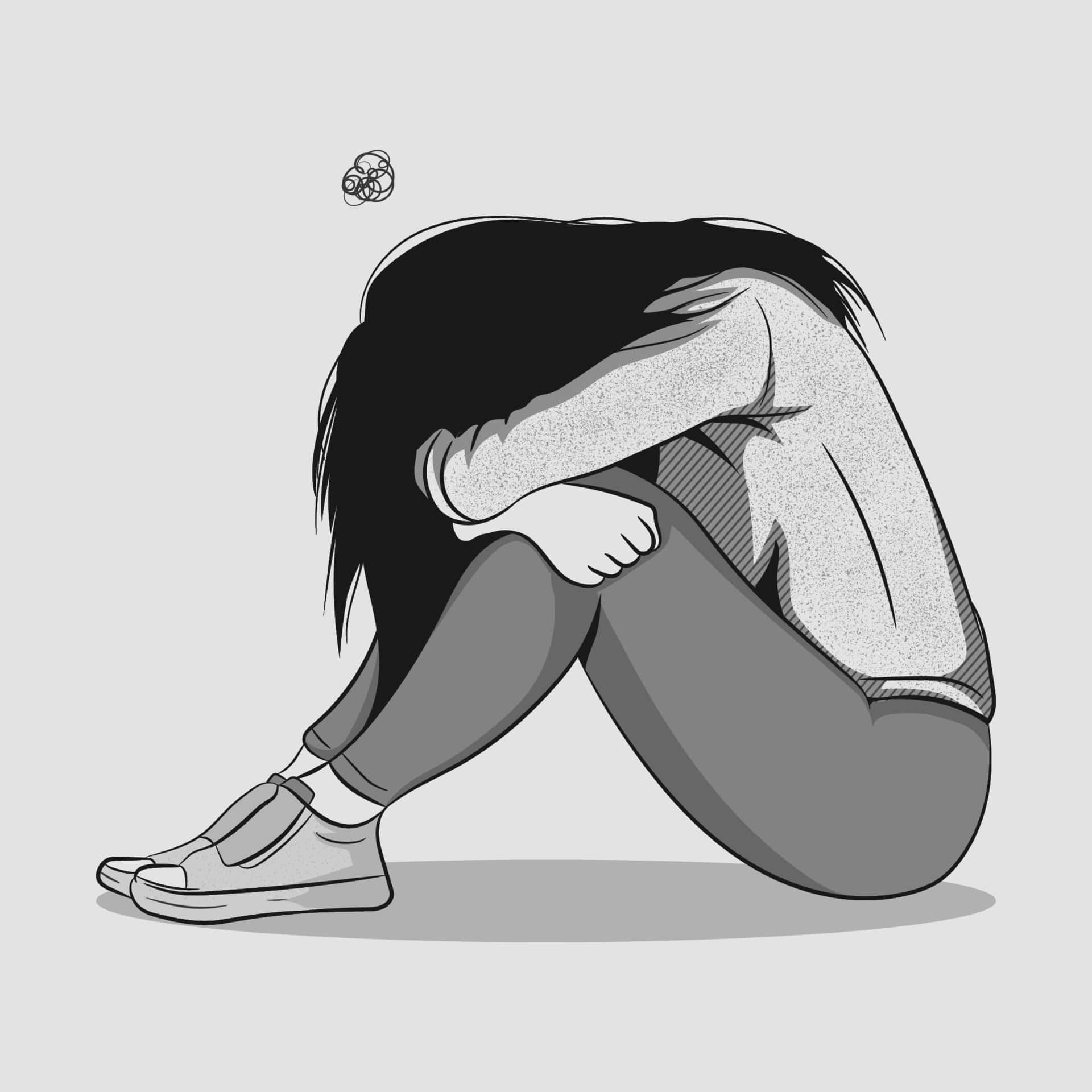 插畫 桌布 壁紙 — 一張灰階插圖，描繪一個人蜷縮成胎兒姿勢，頭頂上方有一個塗鴉般的思考泡泡。