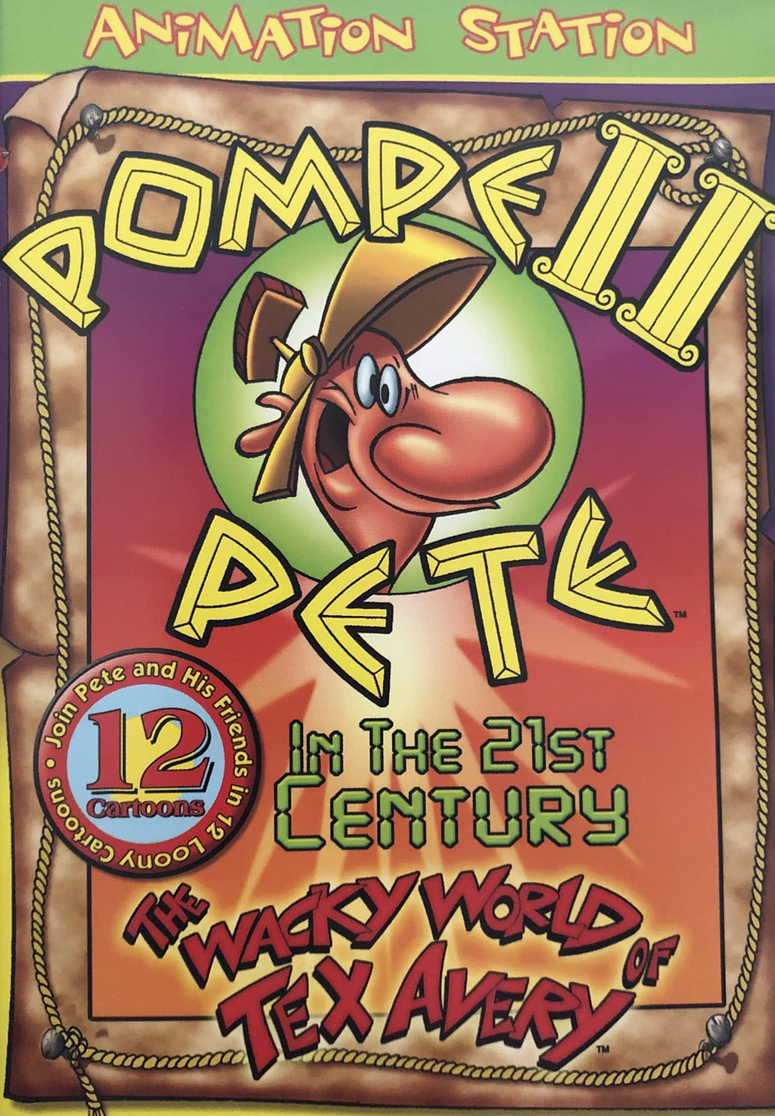 The Wacky World Of Tex Avery 桌布 壁紙 — 一張為「Pompeii Pete」設計的鮮豔卡通海報，特色是一個戴帽子的快樂紅色卡通角色，背景為漸層色，並有醒目的黃色和綠色文字。