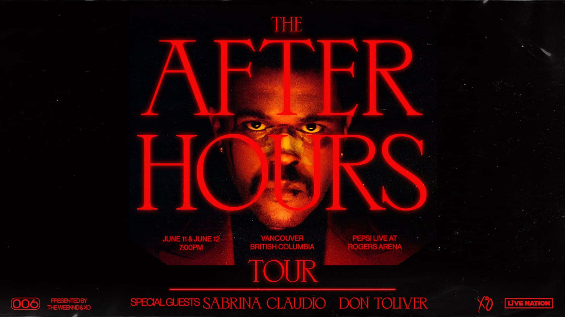 The Weeknd After Hours 桌布 壁紙 — 一張為 The After Hours Tour 設計的醒目紅色文字海報，在黑色背景上展示標題後方的一名男子面孔。