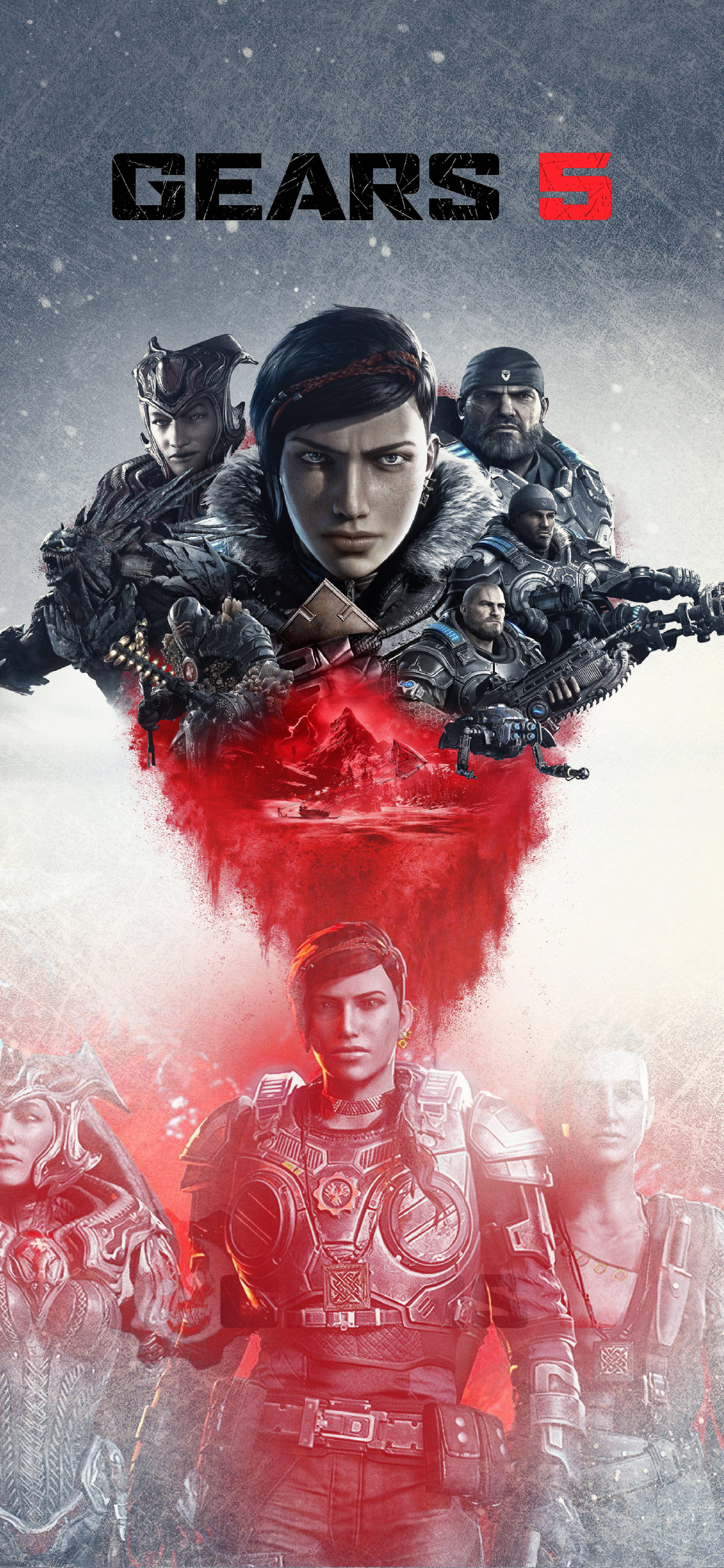 Army 桌布 壁紙 — 一張為《戰爭機器5》設計的戲劇性遊戲海報，展示身穿裝甲的戰士，在暴風雨般的灰色天空下帶有紅色血跡般的飛濺。