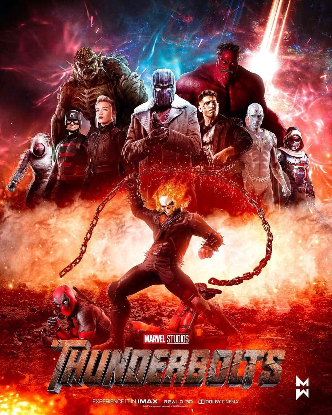 Thunderbolts 桌布 壁紙 — 一張為《雷霆特攻隊》打造的熾熱電影海報， featuring Ghost Rider 揮舞著火焰鎖鏈，被漫威反派包圍，背景是宇宙爆炸。