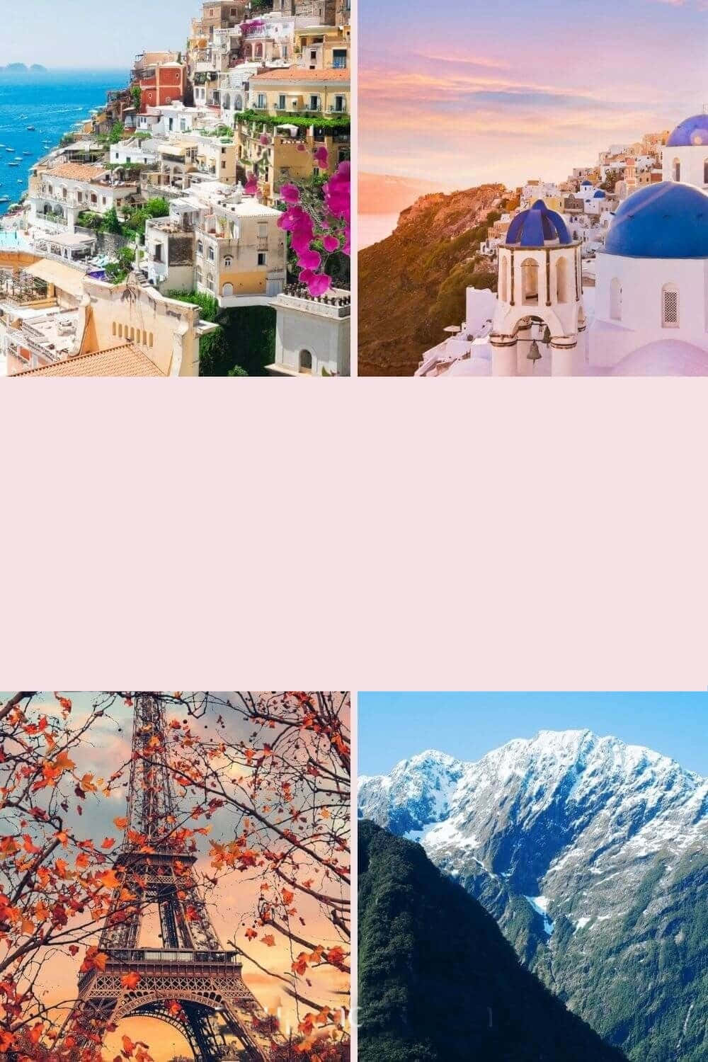 四個風景優美的旅遊目的地：意大利海岸、希臘島嶼、秋天的艾菲爾鐵塔和雪山。