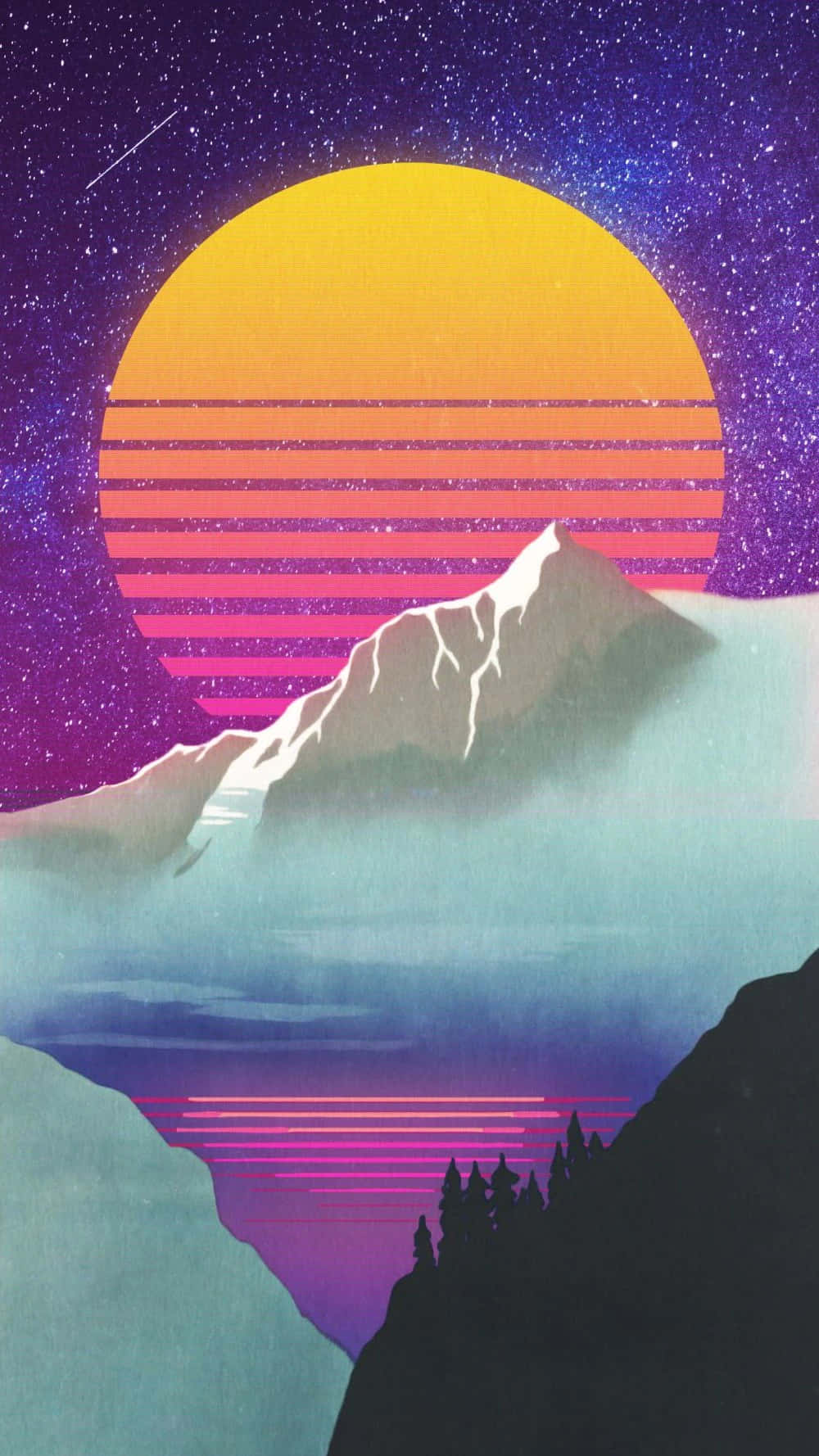 山峰在巨大的復古太陽下，有星星和流星