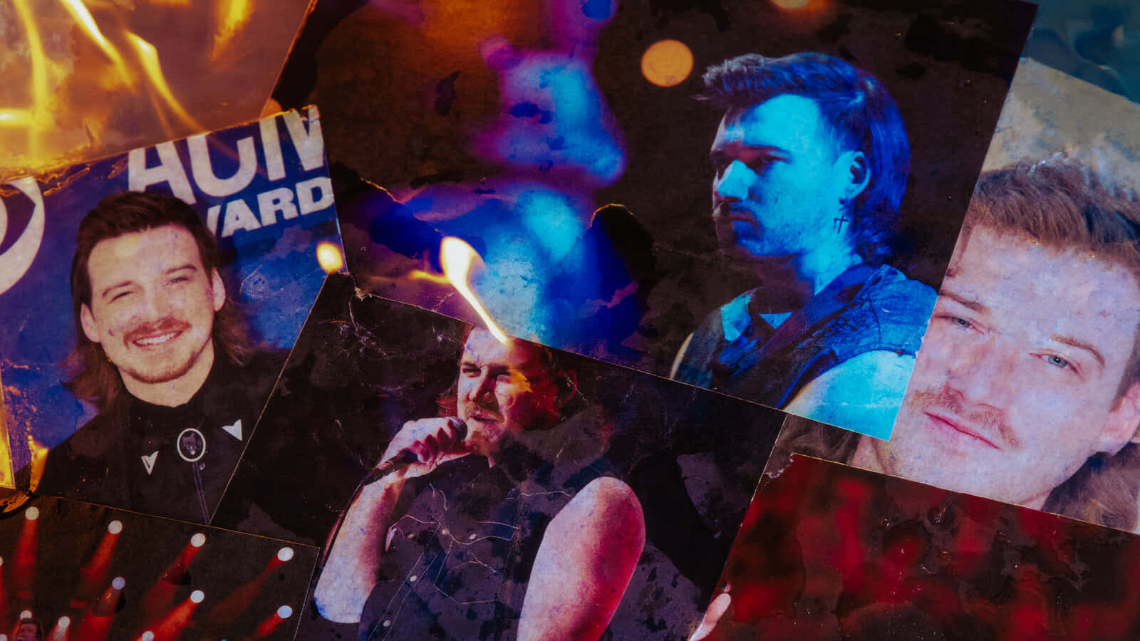 Morgan Wallen 桌布 壁紙 — 一張由撕裂的演唱會照片組成的拼貼畫，展示男性音樂家，帶有火橙色和電光藍色的燈光效果。