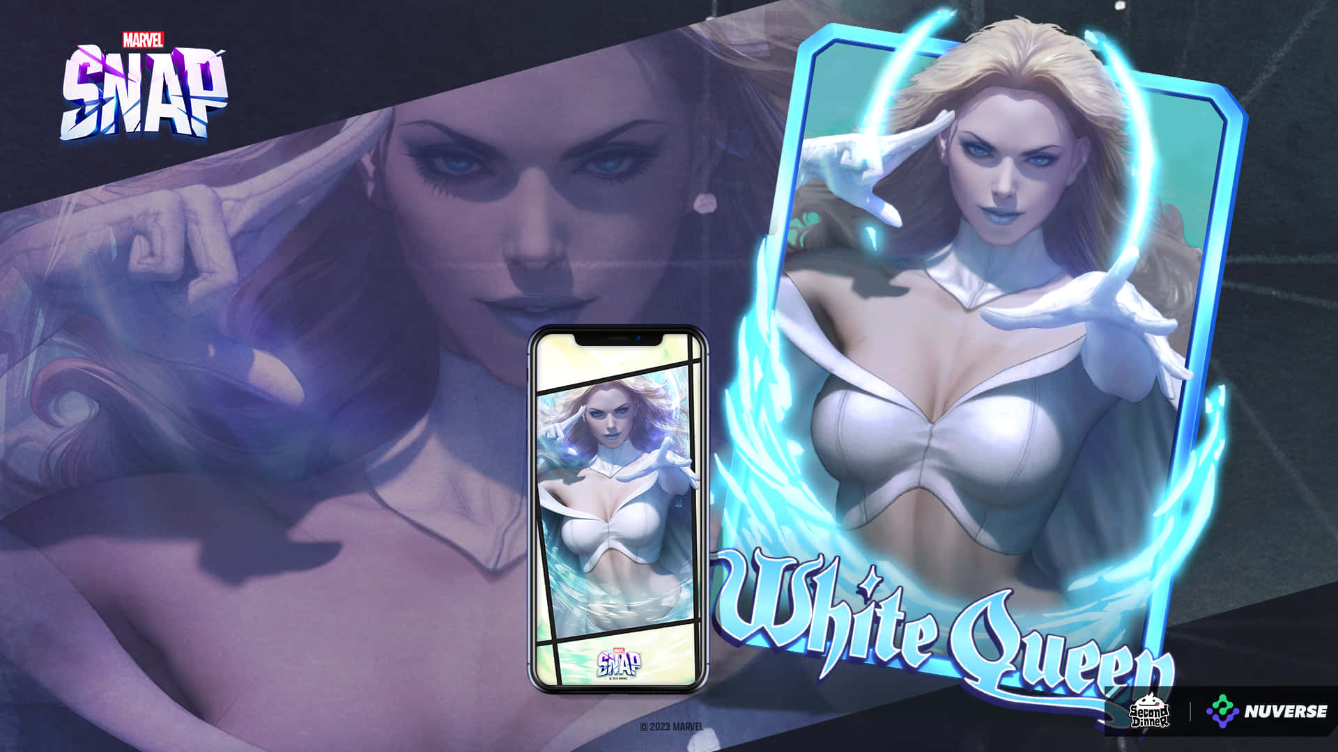 女王 桌布 壁紙 — 一張發光的 Marvel Snap 白皇后卡牌，旁邊放著一部顯示她肖像的智能手機，背景為深色。