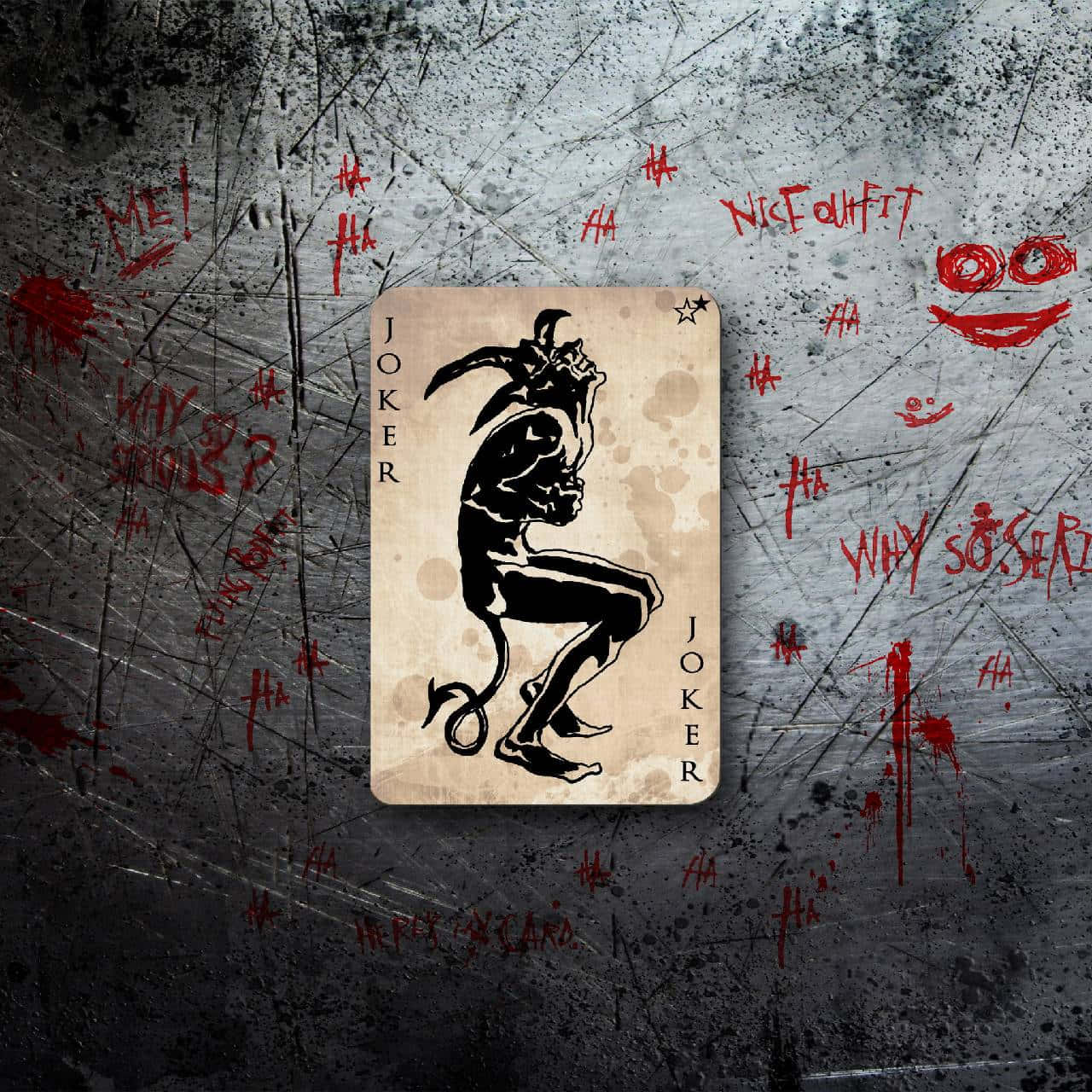 Joker Card 桌布 壁紙 — 一張破舊的小丑牌，上面有黑色魔鬼形象，位於 scratched 灰色牆壁中央，牆上佈滿紅色塗鴉和血跡般的濺點。