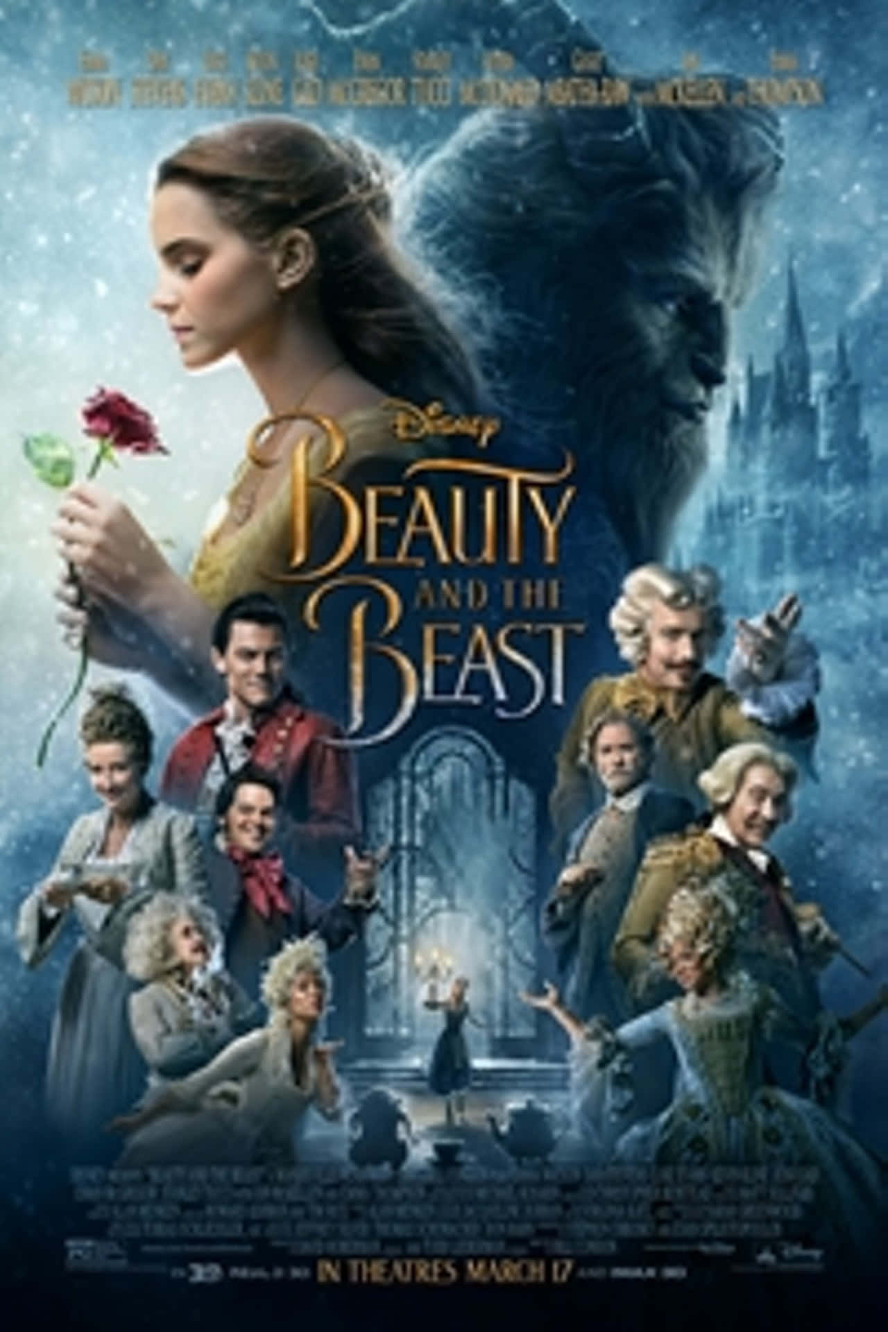 Disney 3d Movies 桌布 壁紙 — 一張神奇的迪士尼電影海報，貝兒手持紅玫瑰，野獸在她身後若隱若現，被施了魔法的角色們在閃閃發光的城堡中圍繞著他們。