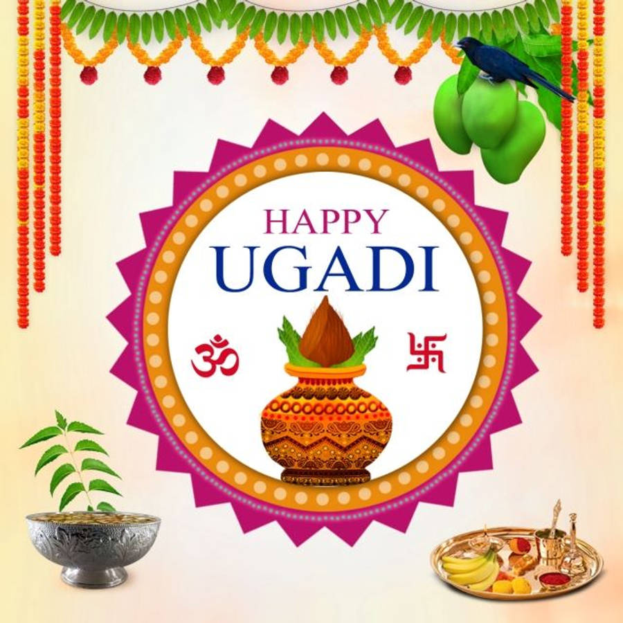 Gudi Padwa 桌布 壁紙 — 一張節日氣氛濃厚的 Ugadi 賀卡，上面有裝飾過的罐子、芒果、萬壽菊花環和傳統符號，背景為奶油色。