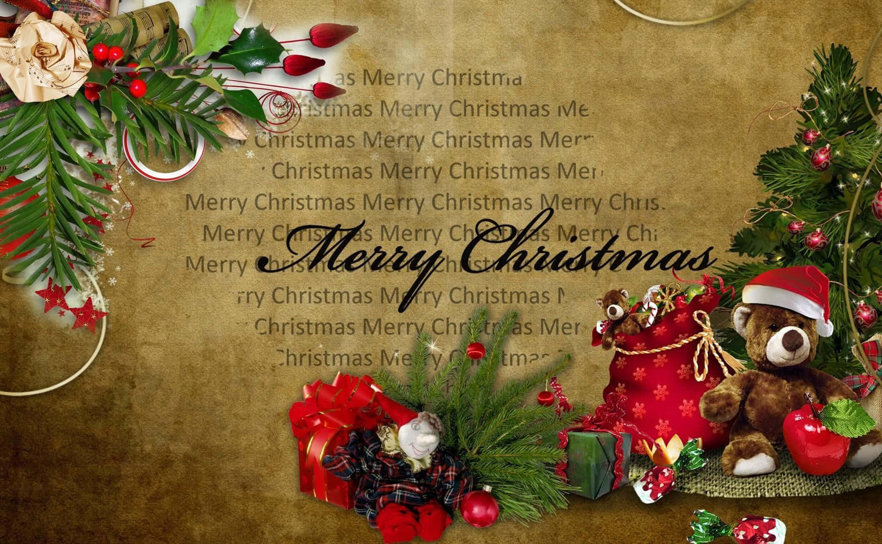 Vintage Christmas 桌布 壁紙 — 一張節日聖誕壁紙，上面有一隻戴紅帽的泰迪熊、松樹枝、紅色裝飾品，以及在紋理棕色背景上的「Merry Christmas」字樣。