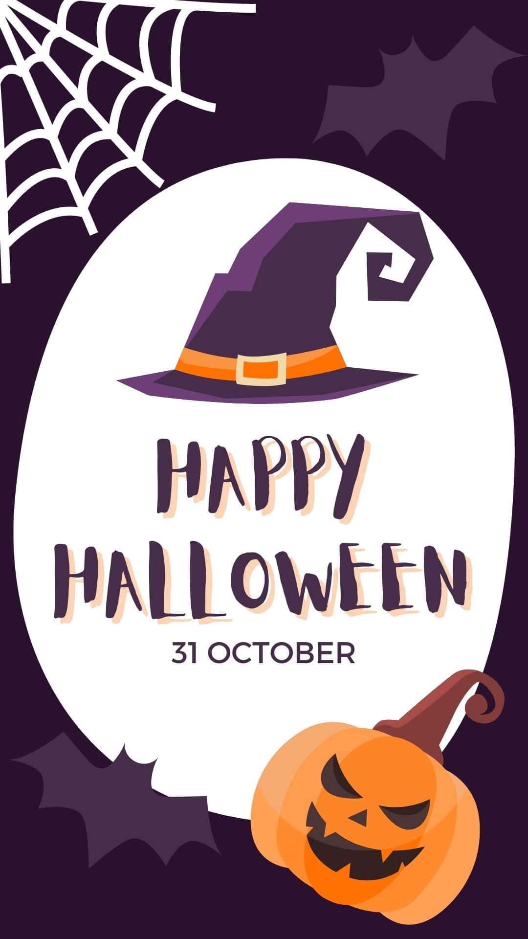 October 31st 桌布 壁紙 — 一張節日萬聖節海報，以紫色女巫帽和橙色南瓜燈為特色，背景為深紫色，帶有蜘蛛網和蝙蝠。